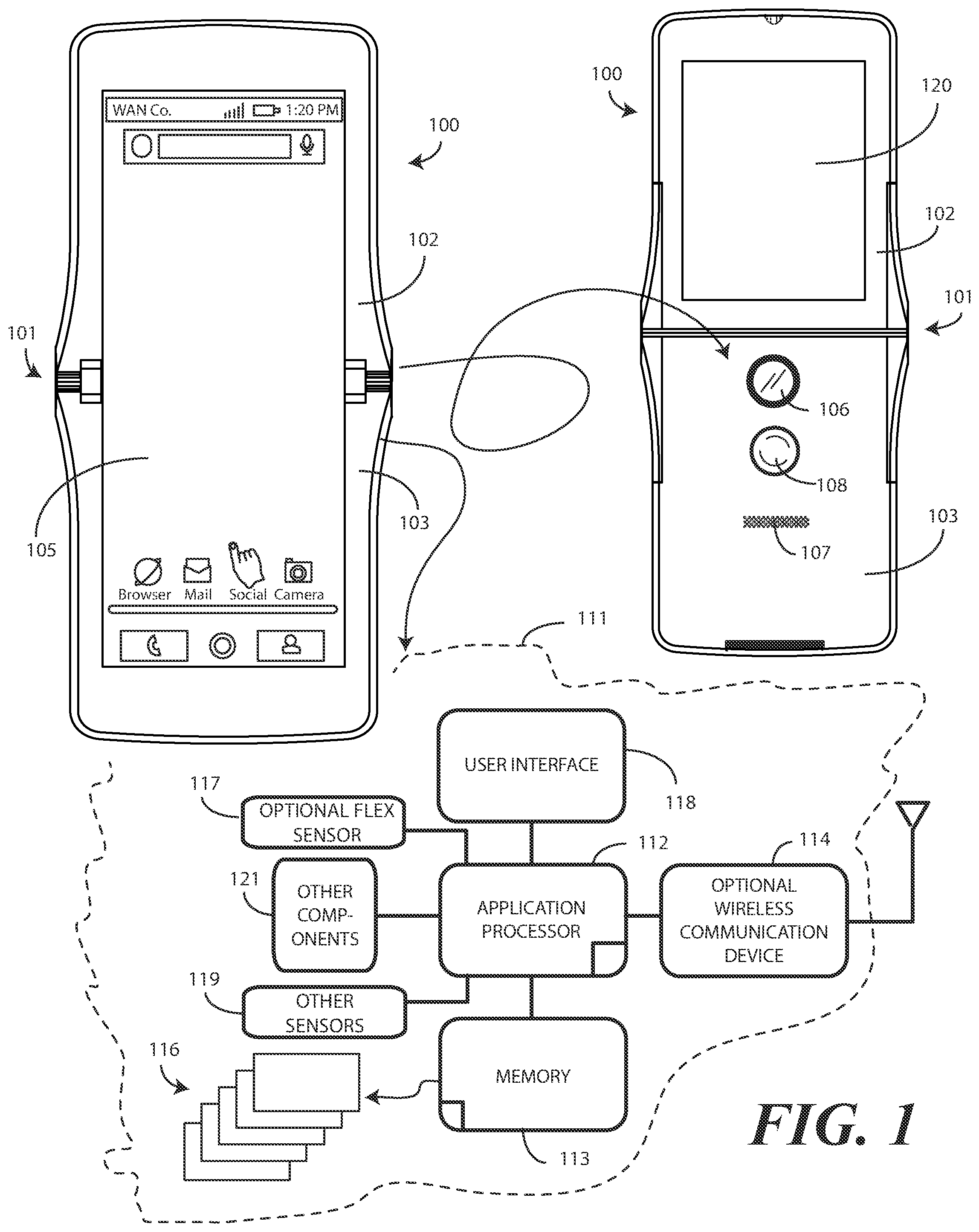 Patent US12174668 — Flexible display with preformed curvilinear foldable substrate and corresponding electronic devices and methods — Figure 1