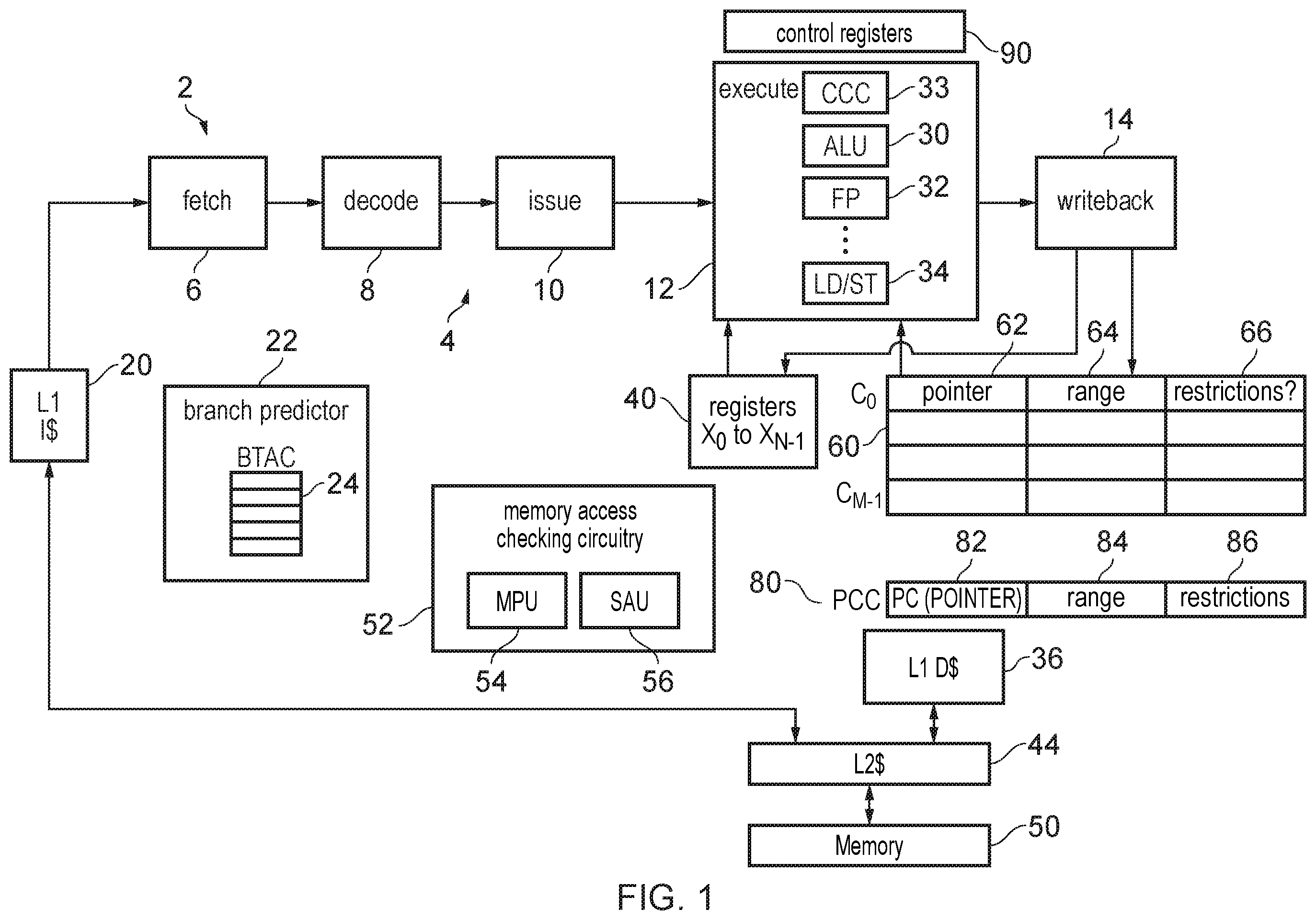 Patent US12174755 Figure 1 – Technique for constraining access to memory using capabilities