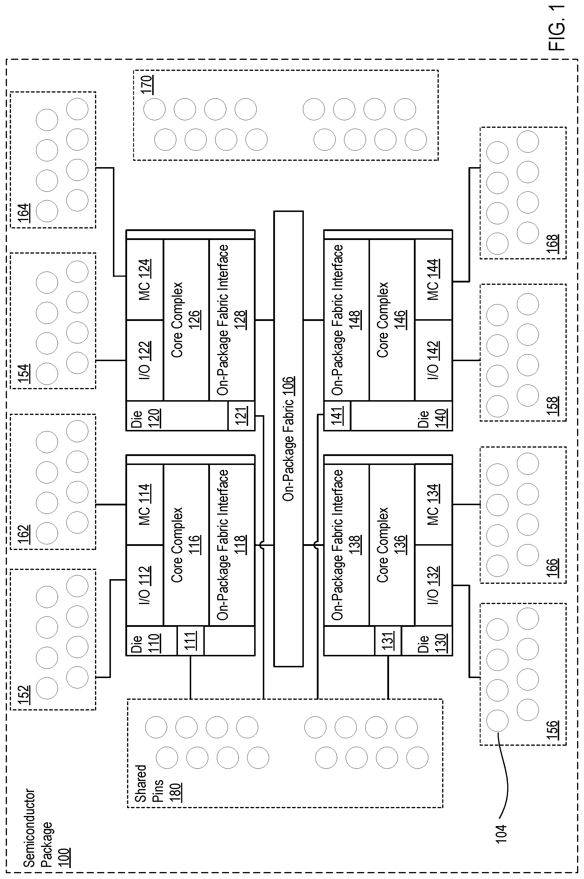 Patent US12174771 — Sharing package pins in a multi-chip module (MCM) — Figure 1