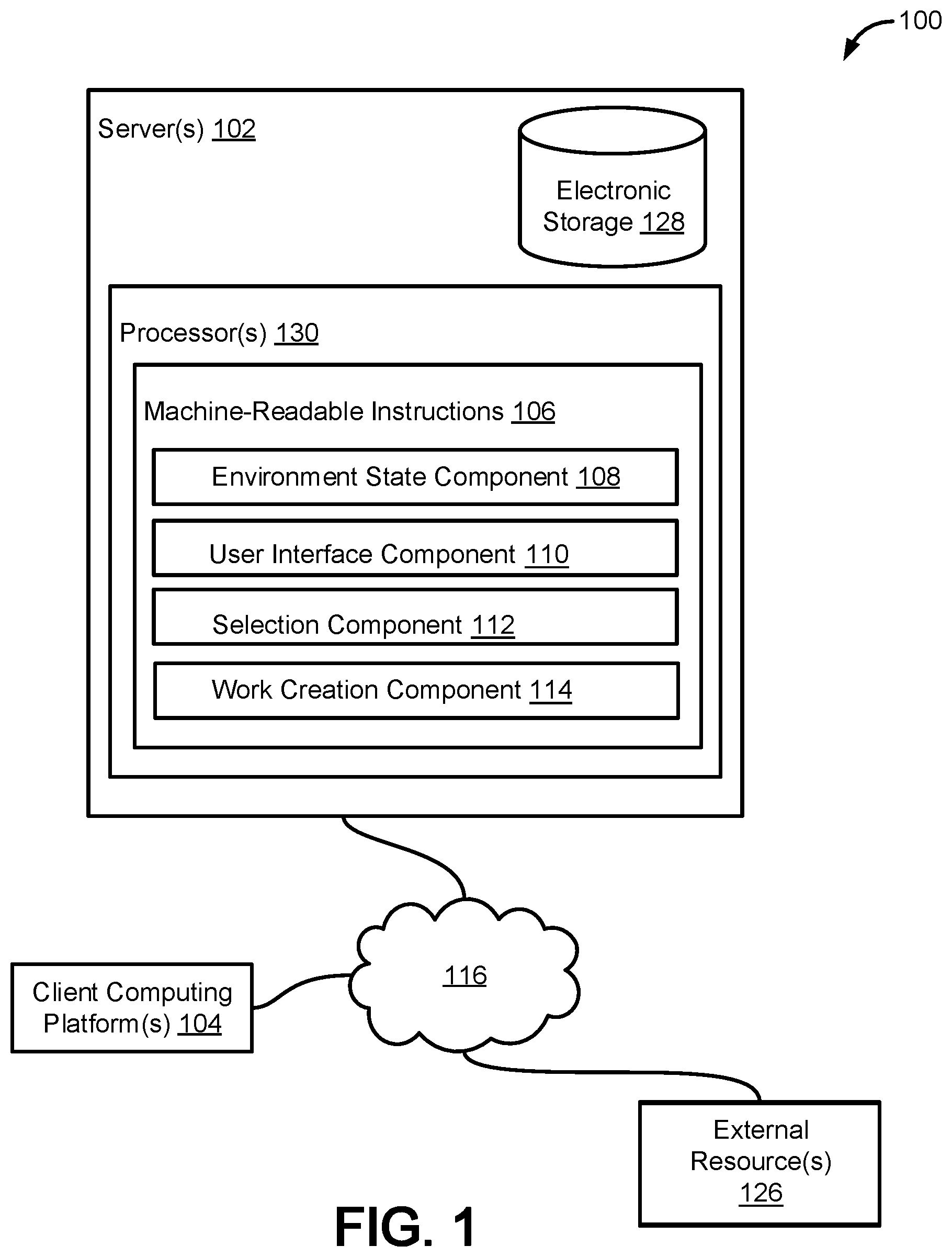 Patent US12174798 — Systems and methods to generate units of work within a collaboration environment based on selection of text — Figure 1