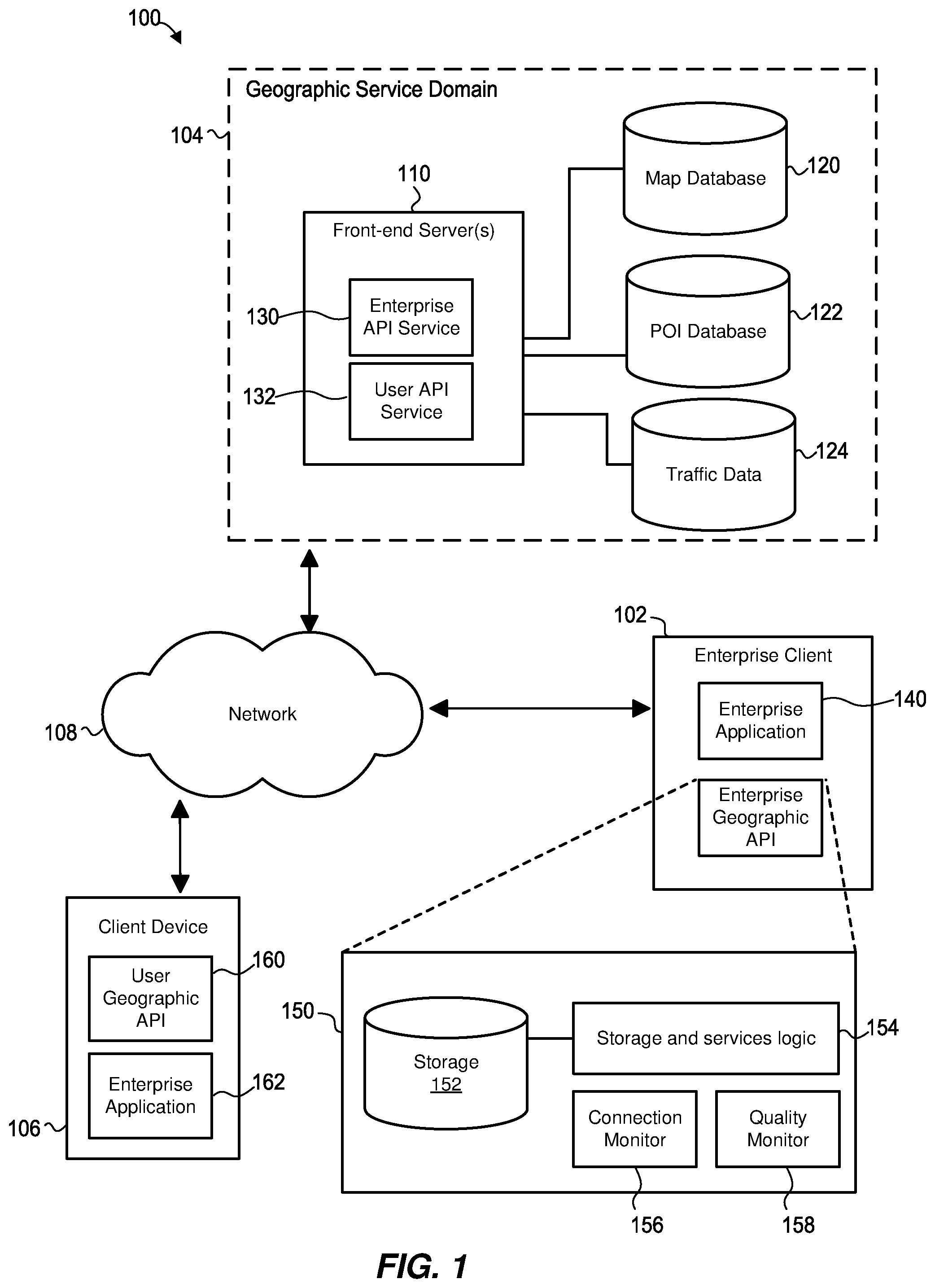 Patent US12174860 — Providing a resilient application programming interface for geographic services — Figure 1