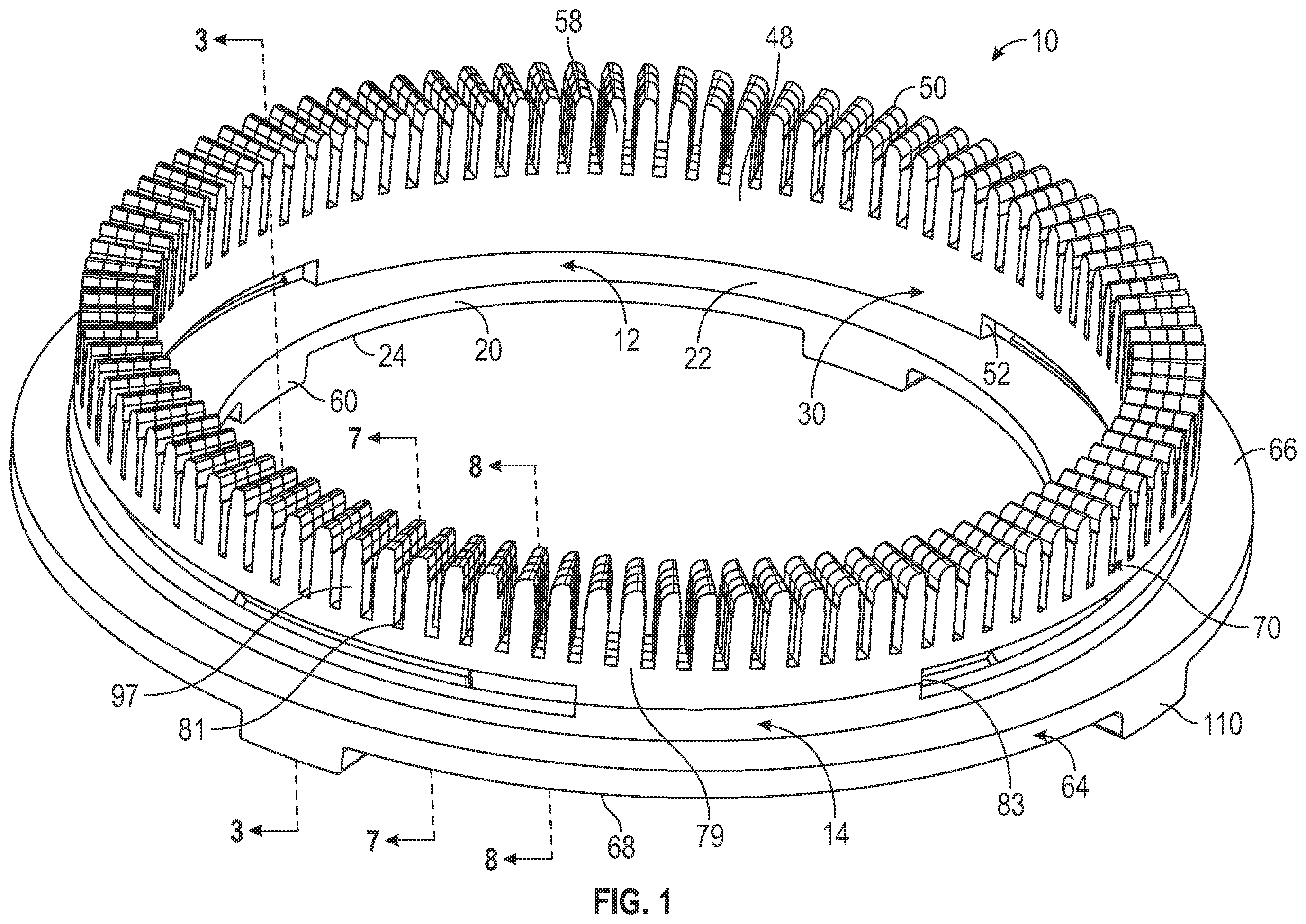 Patent US12184131 — Interlocking tool for forming stator winding end turns — Figure 1