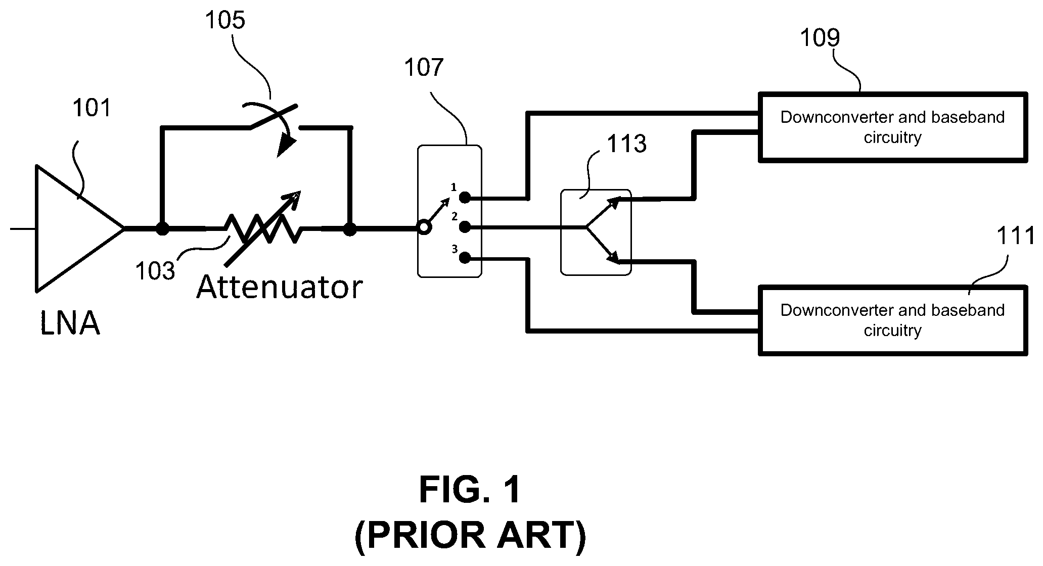 Patent US12184248 — RFFE LNA topology supporting both noncontiguous intraband carrier aggregation and interband carrier aggregation — Figure 1