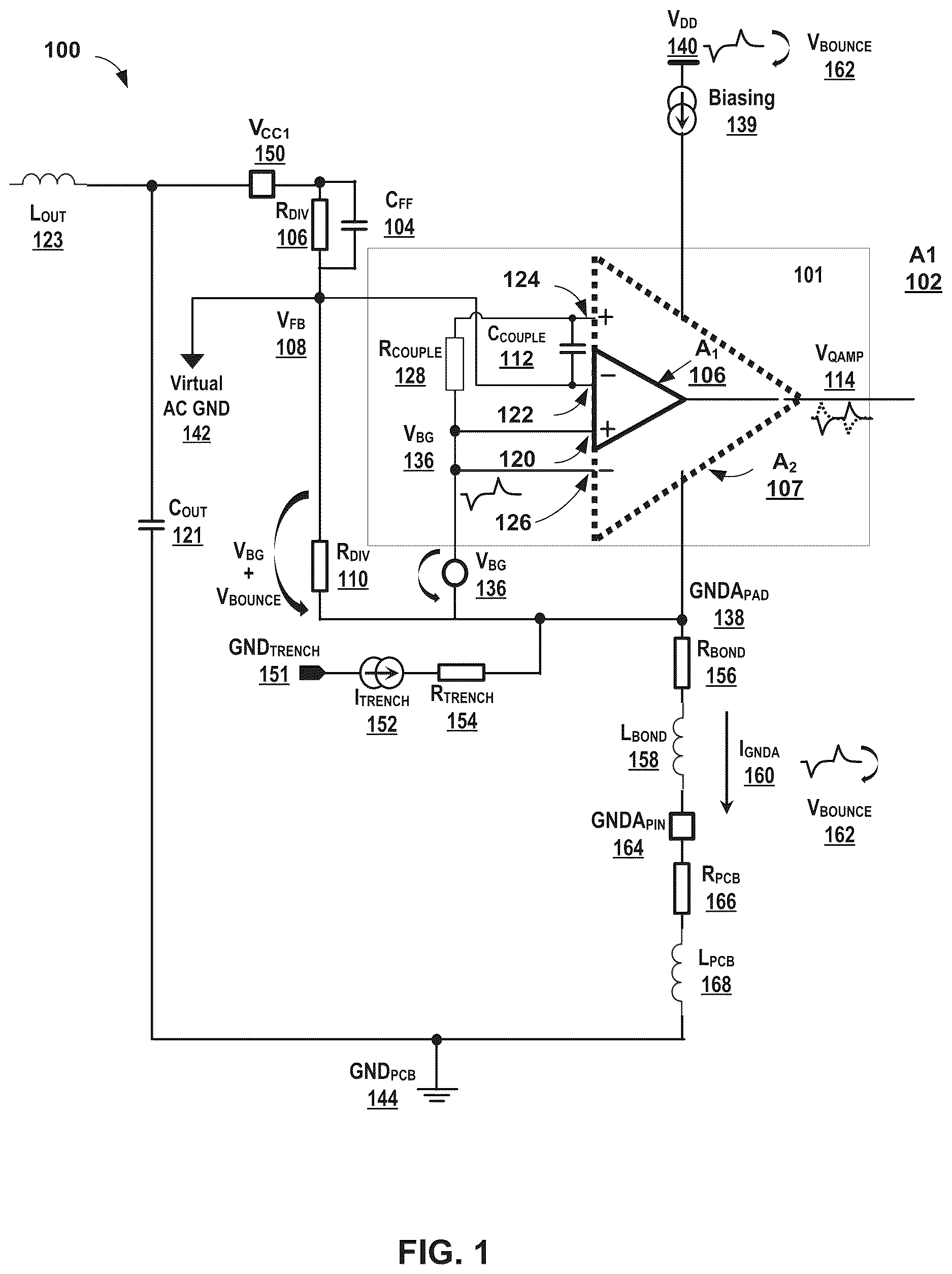 Patent US12184249 — Active ground bounce noise cancelation technique for closed loop analog regulation — Figure 1