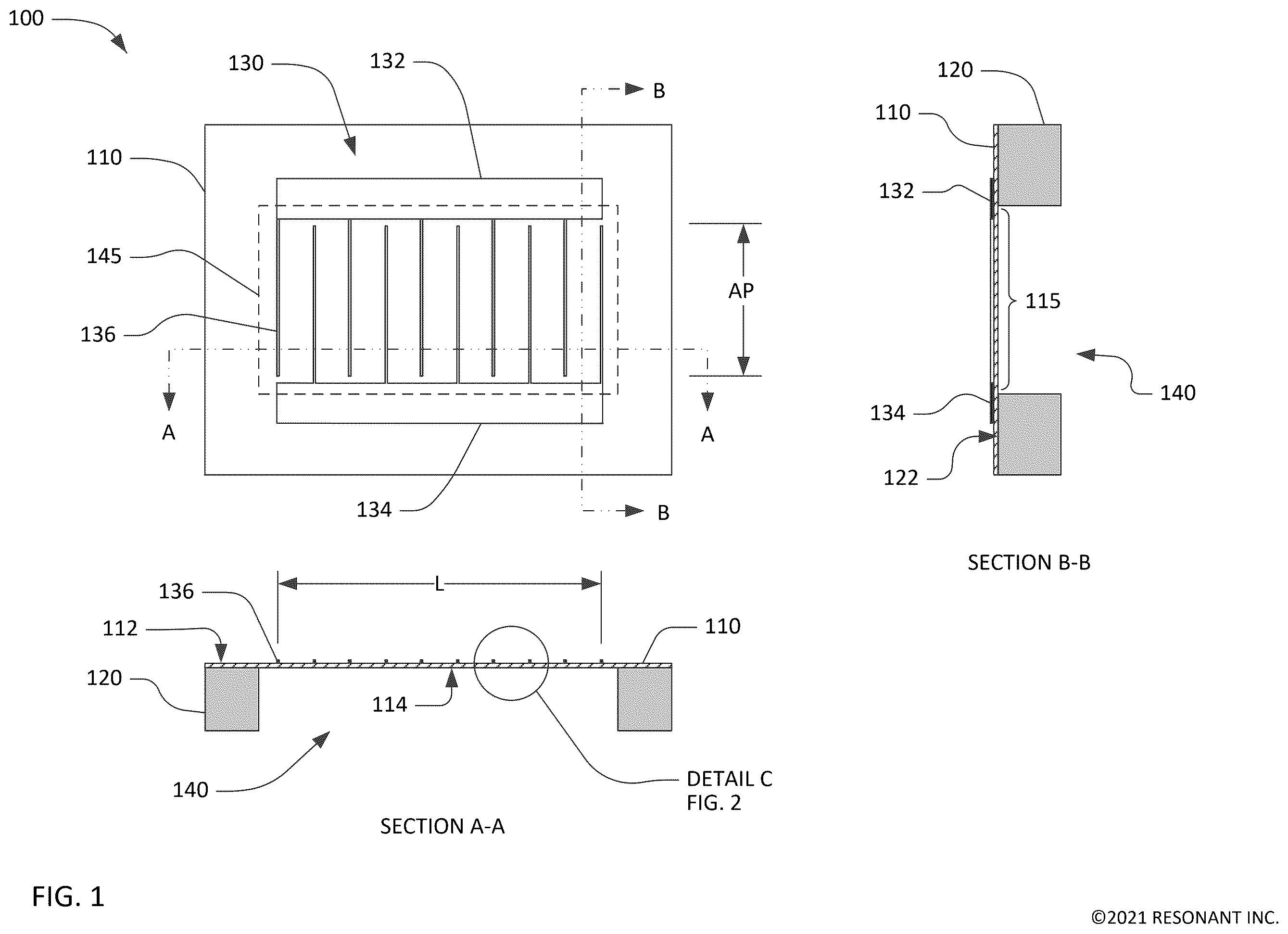 Patent US12184261 — Transversely-excited film bulk acoustic resonator with a cavity having round end zones — Figure 1