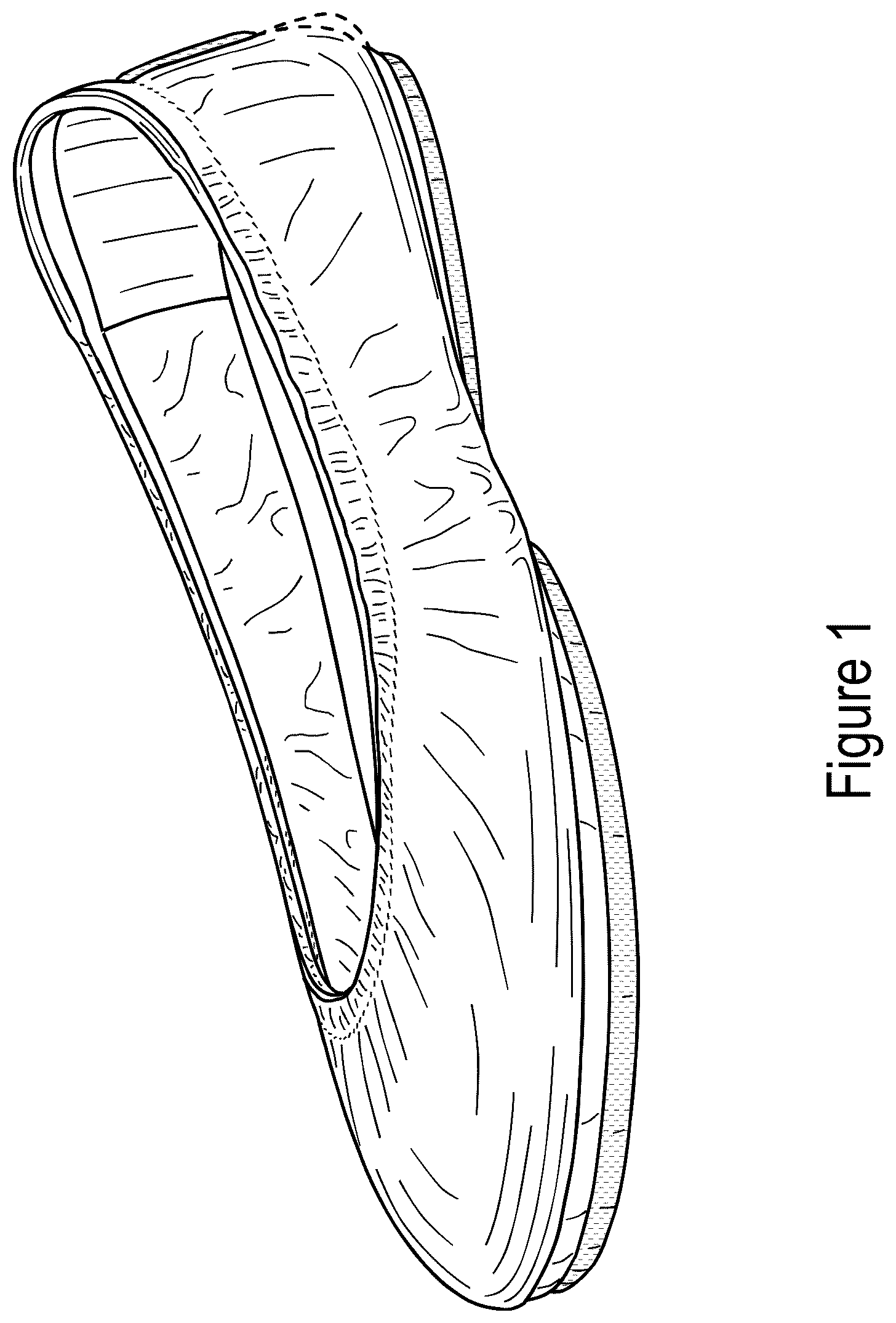Patent USD1043063 Figure 1 – Dual-sole shoe with purple stripe and outsole patch