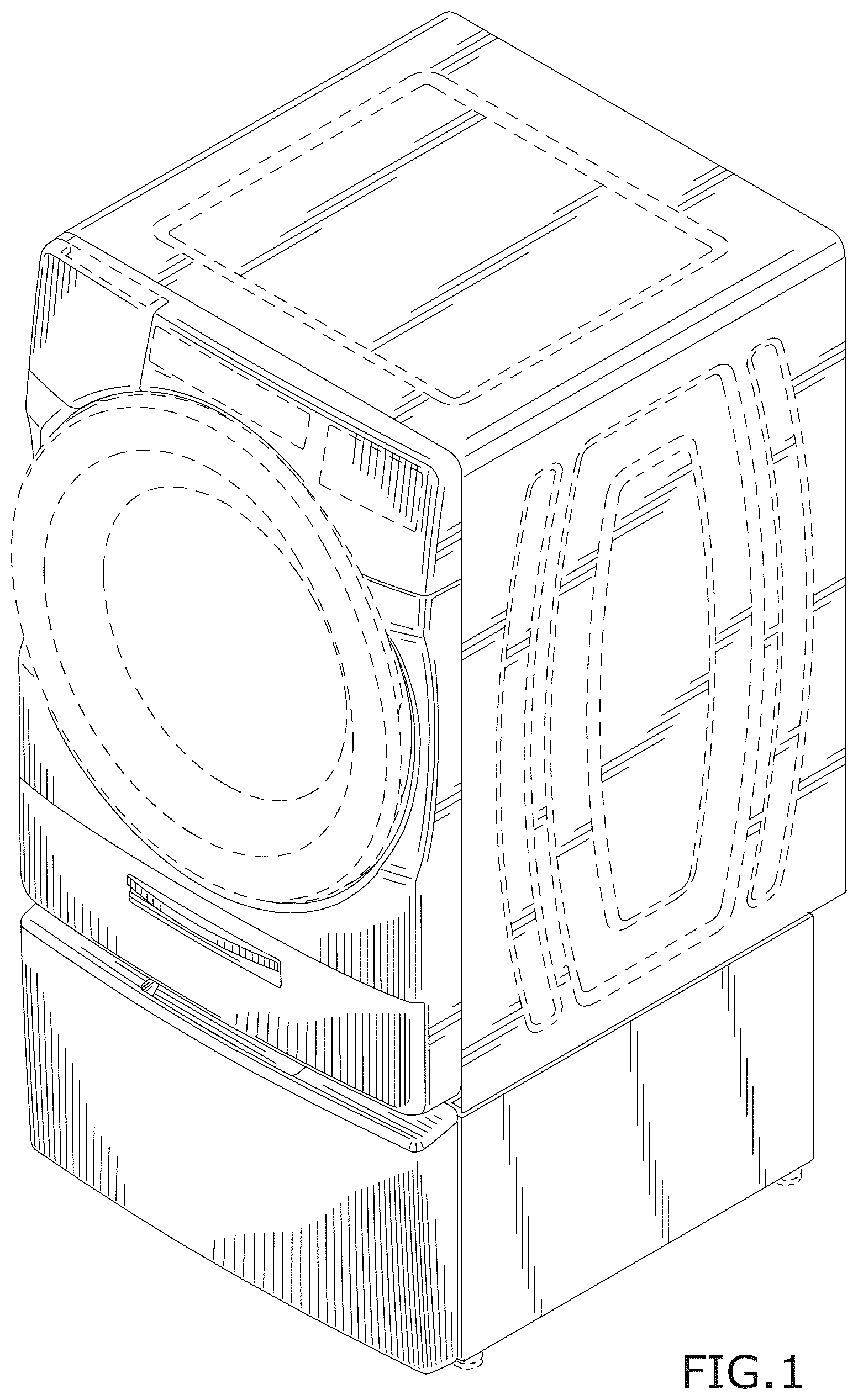 Patent USD1044174 Figure 1 – Combined laundry treating appliance and pedestal
