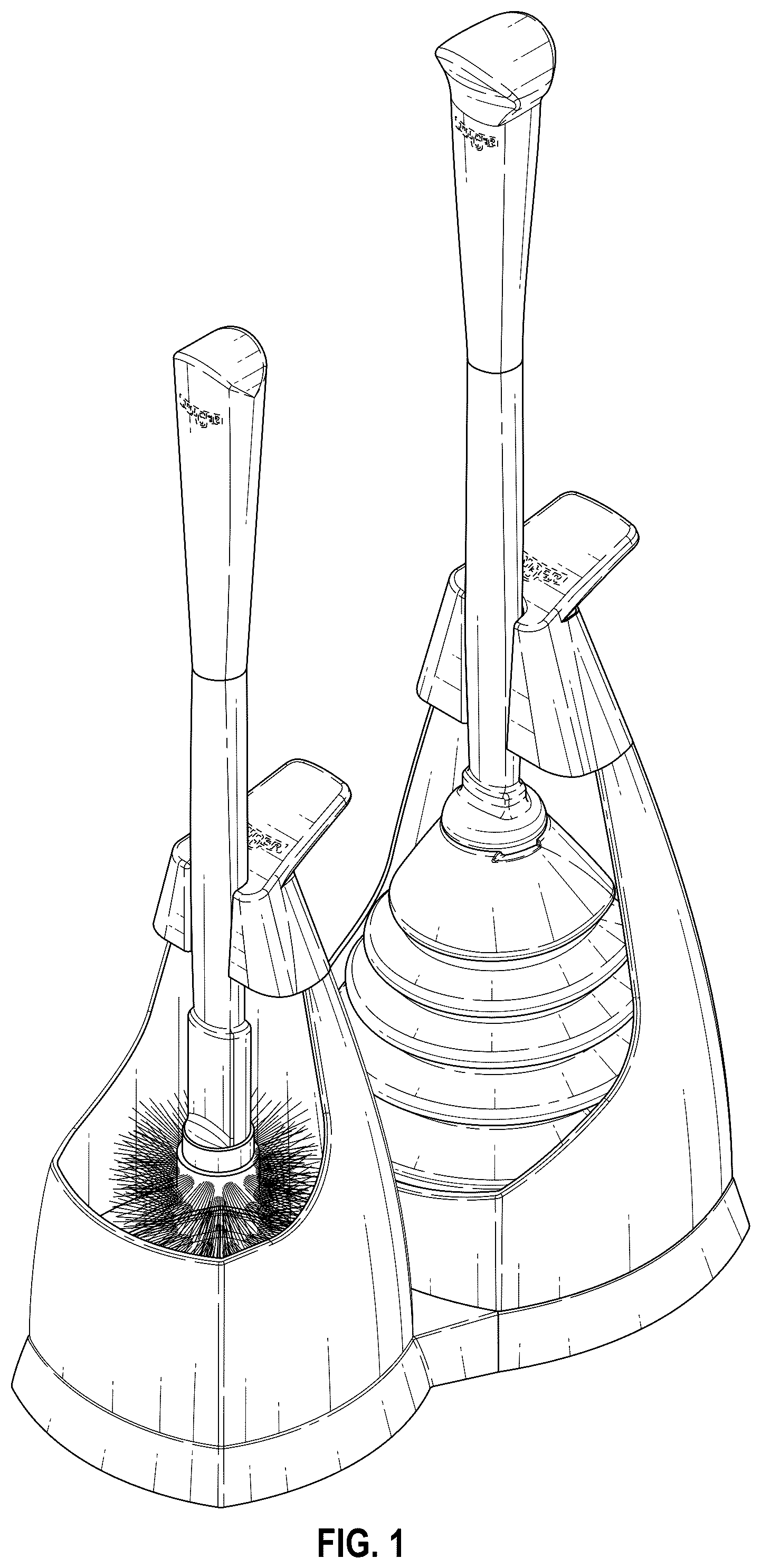 Patent USD1045283 Figure 1 – Reconfigurable combined toilet plunger, brush, and caddy