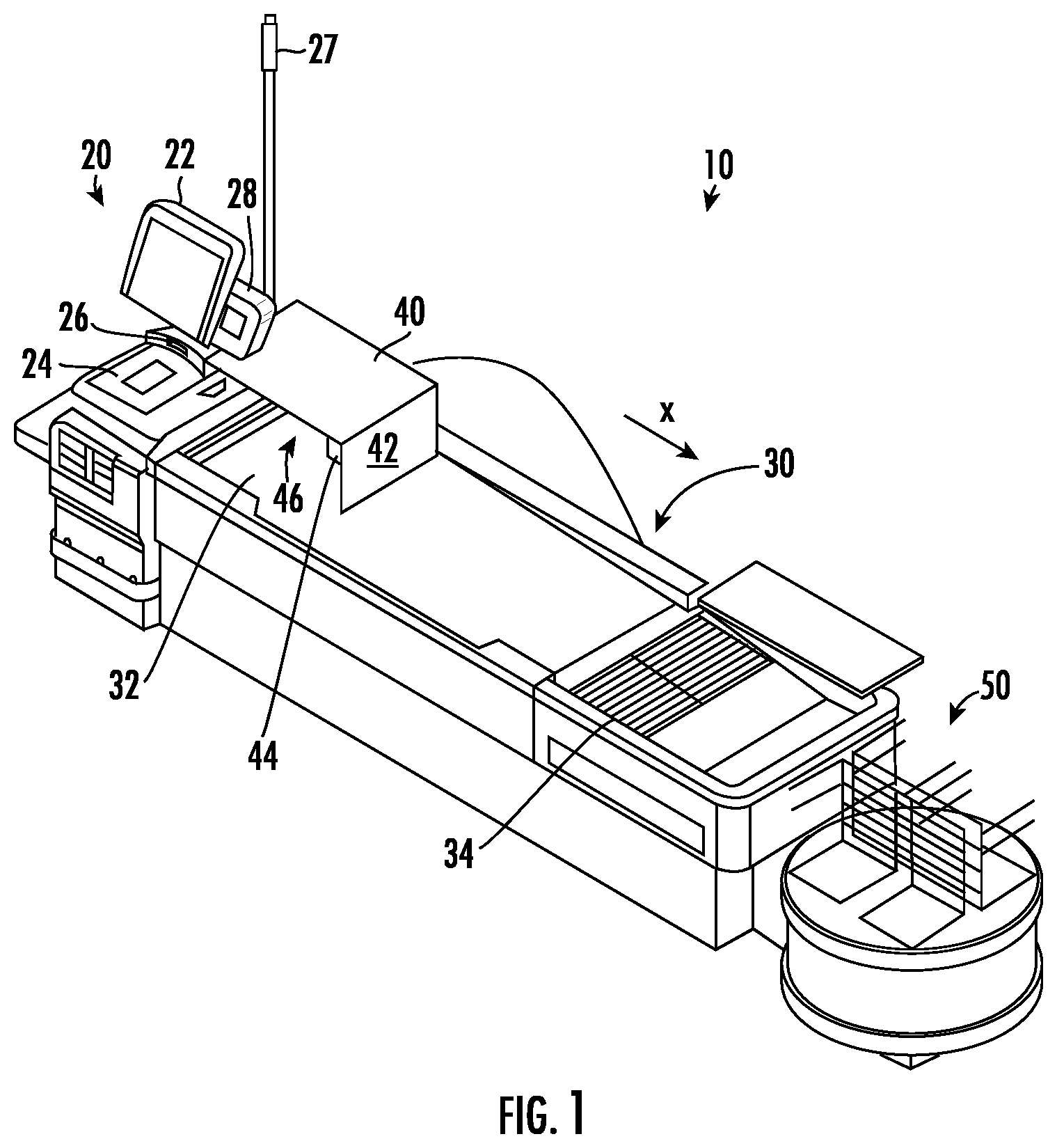 Patent US12297051 — Conveyor safety shield for point-of-sale system — Figure 1