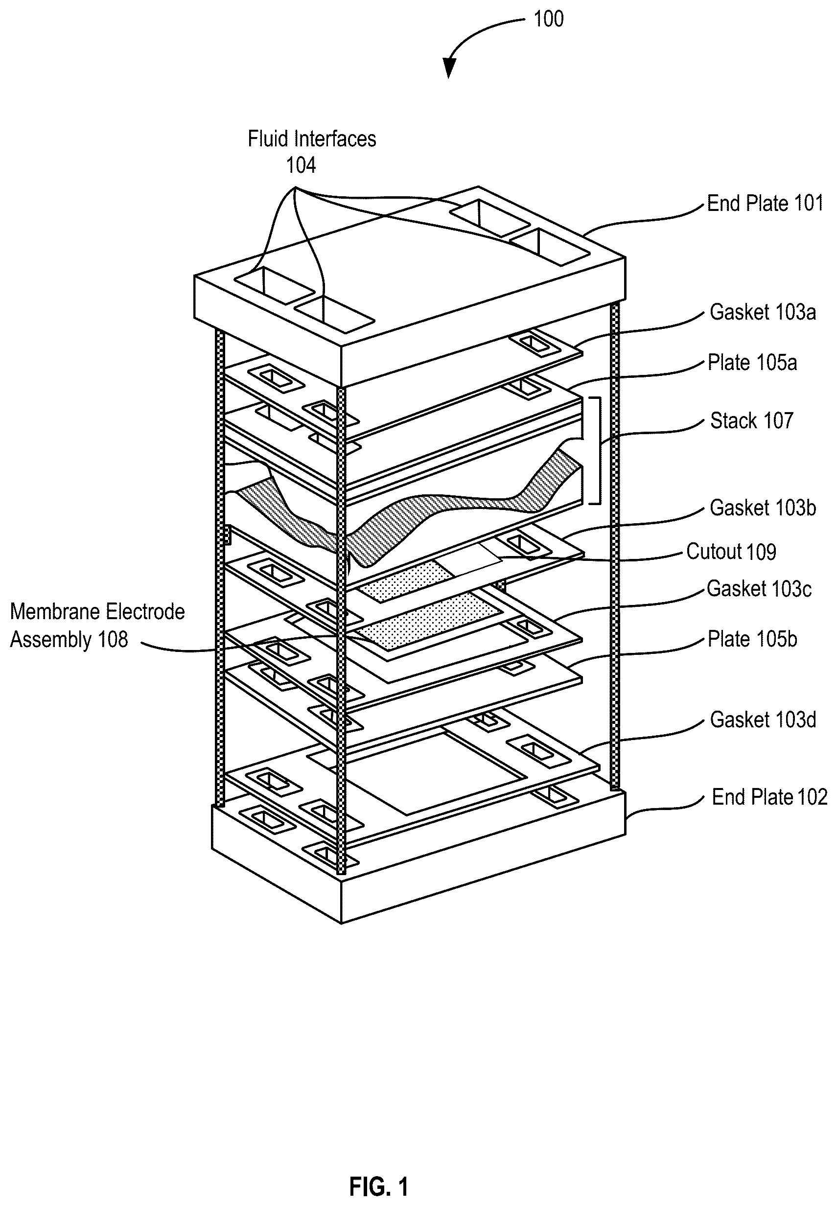 Patent US12297547 — Compressible flow distribution system for electrolyzer plates — Figure 1