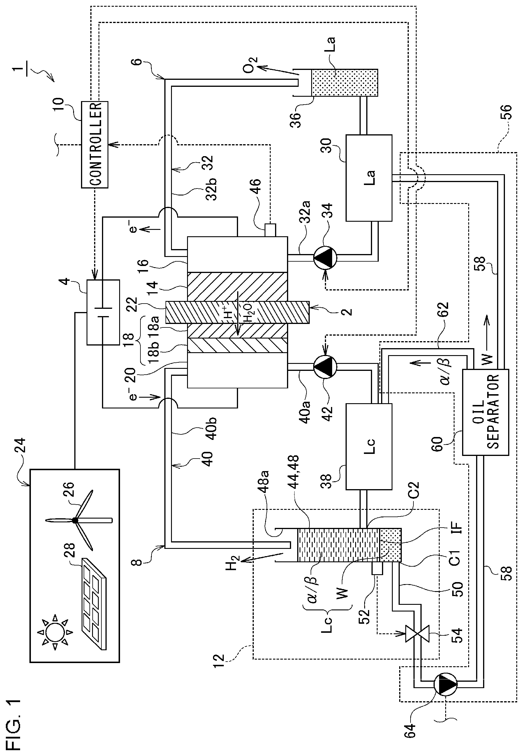 Patent US12297551 — Organic hydride production device and method for reusing dragged water — Figure 1