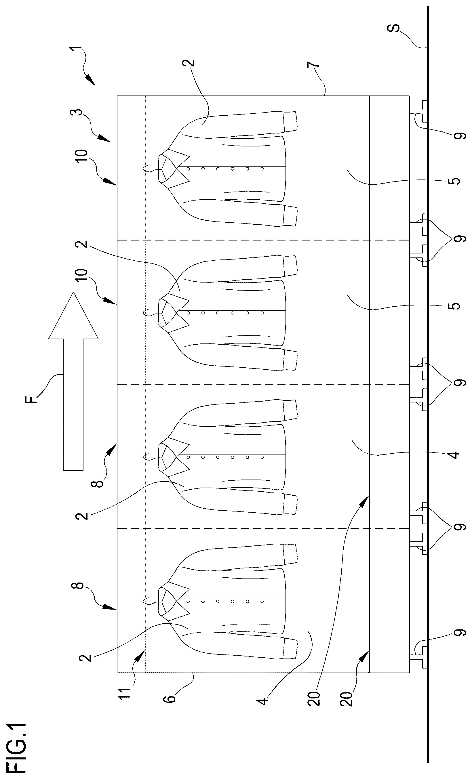 Patent US12297587 — Finishing tunnel for ironing dry garments and similar products — Figure 1