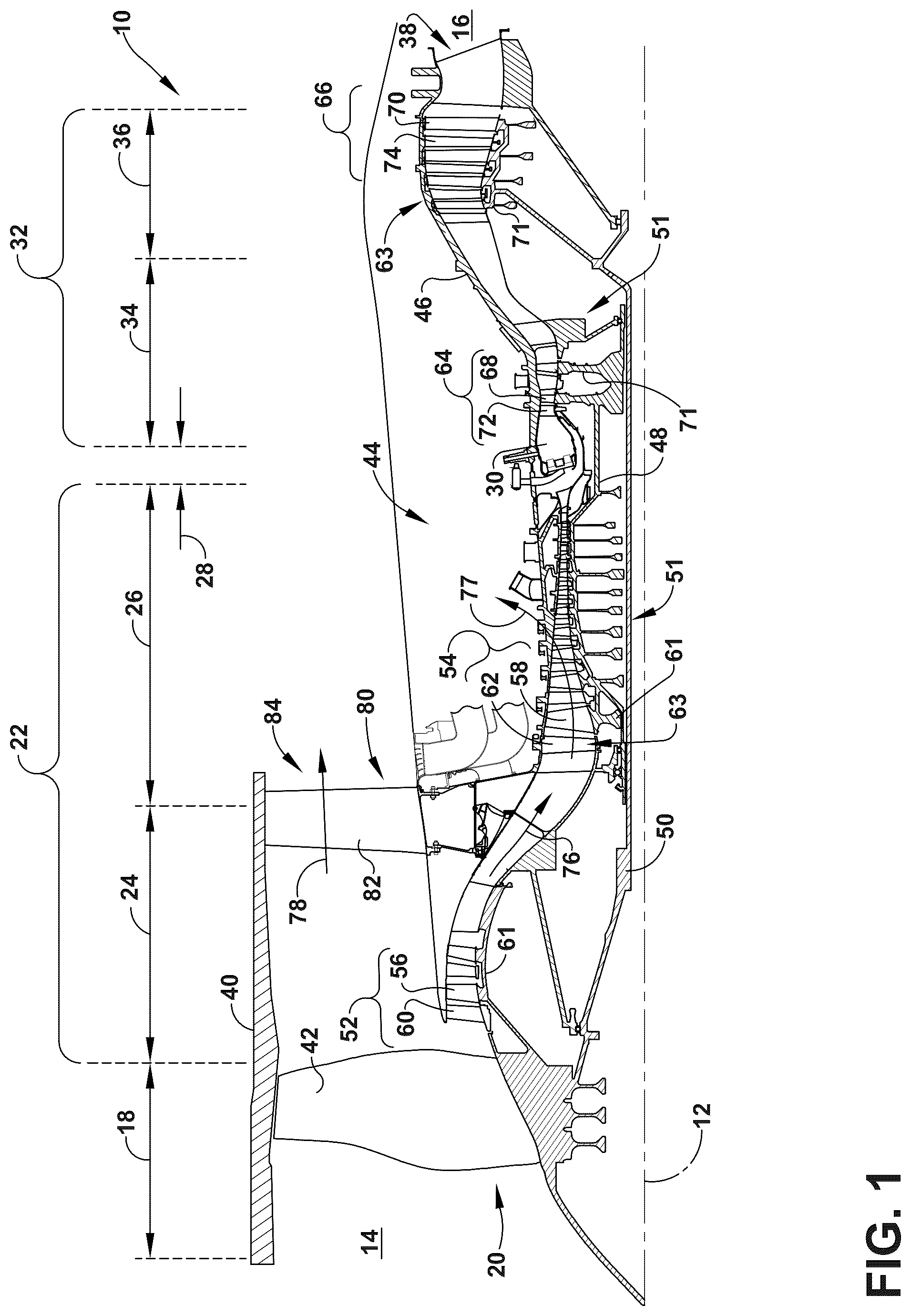 Patent US12297749 Figure 1 – Turbine engine with a blade having woven core and toughened region