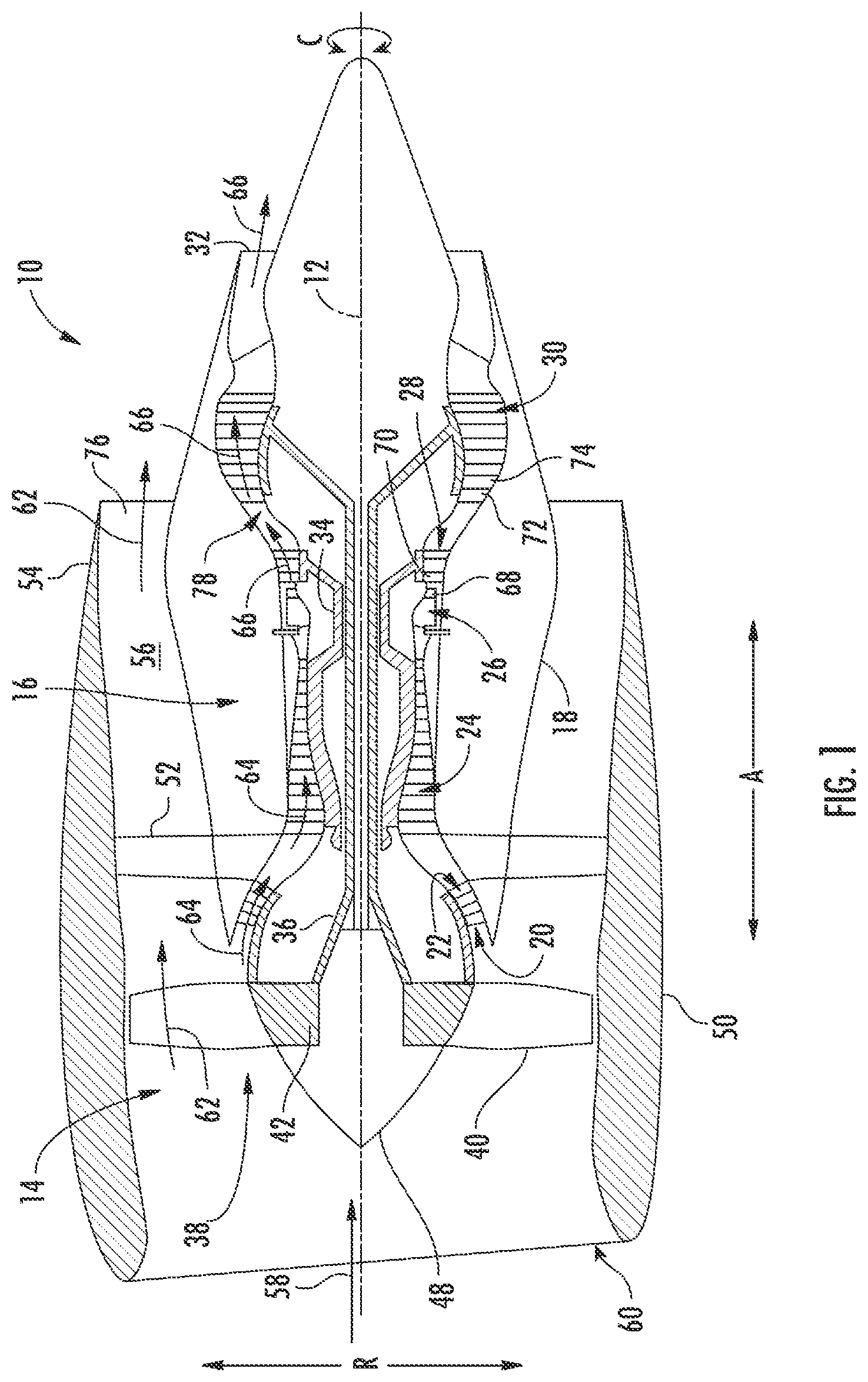 Patent US12297751 — Turbine engine with composite airfoil having a non-metallic leading edge protective wrap — Figure 1