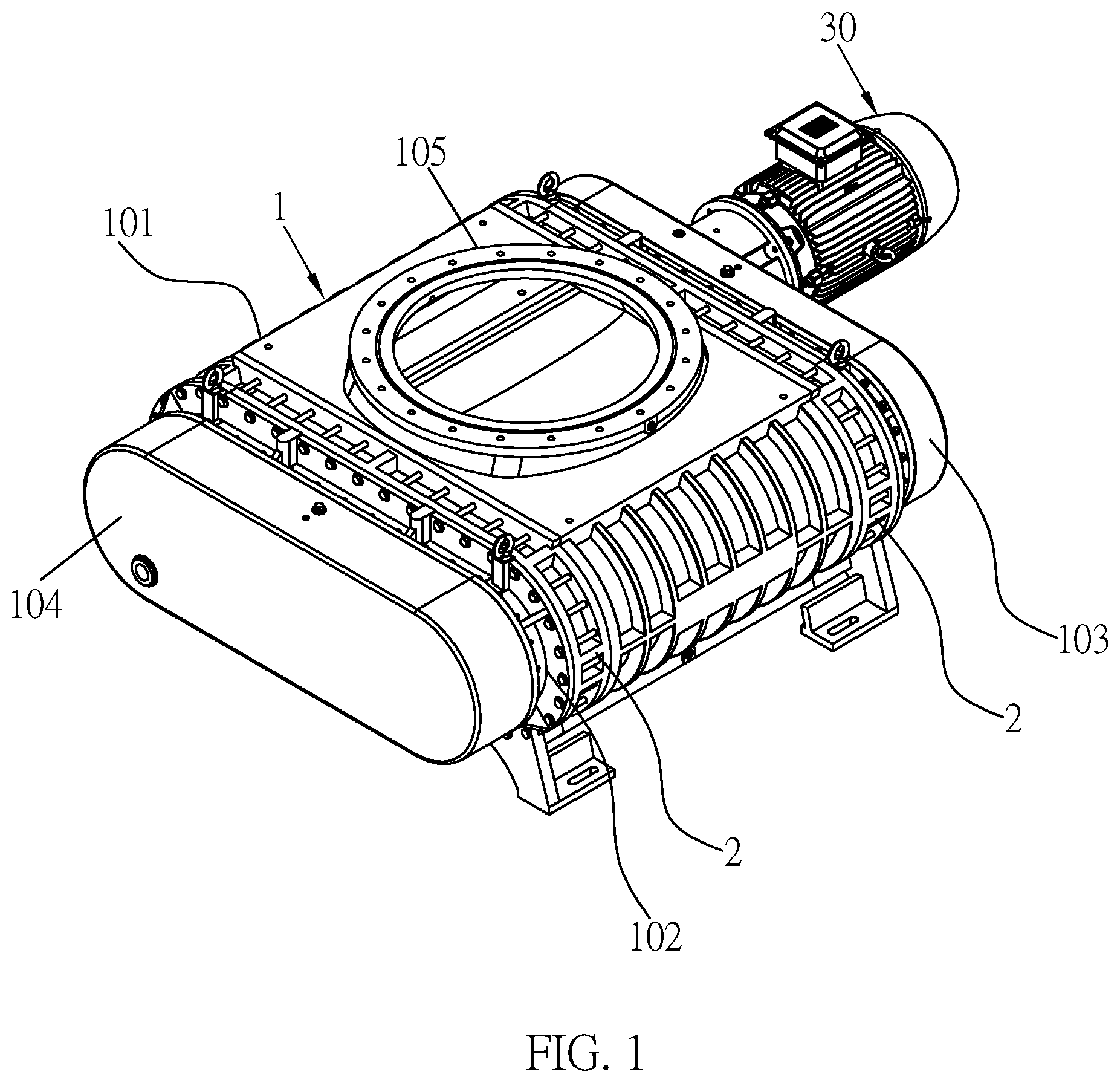 Patent US12297831 Figure 1 – Parallel connected multiple shaft roots vacuum pump