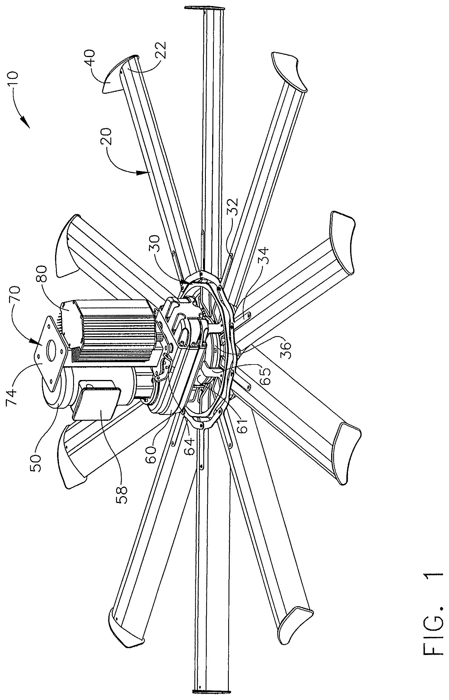 Patent US12297839 — Ceiling fan with concentric stationary tube and power-down features — Figure 1