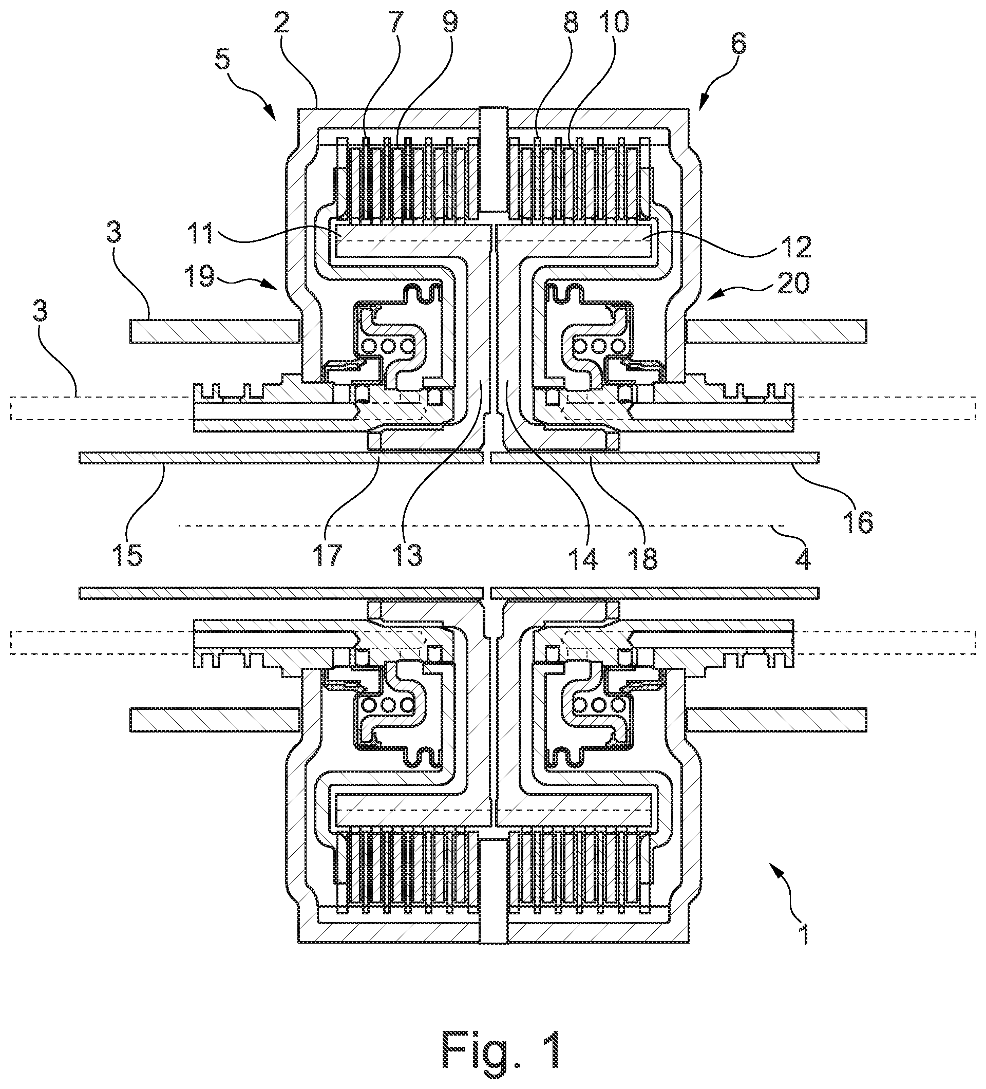 Patent US12297873 Figure 1 – Torque-distribution device for a motor vehicle comprising two pressure-medium-actuated clutches having double pistons, and method for operating the torque-distribution device