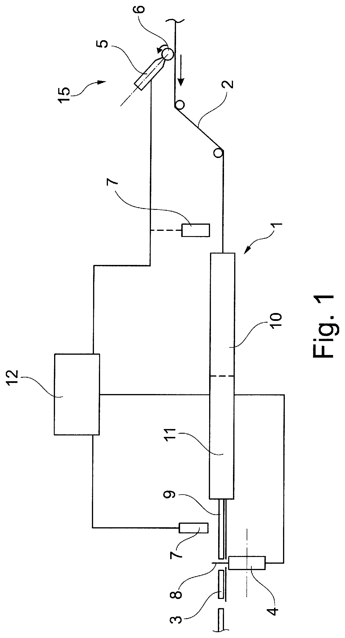 Patent US12302941 Figure 1 – Production machine for producing rod-shaped products from an endless strand of a strip adhesively bonded to form a tube