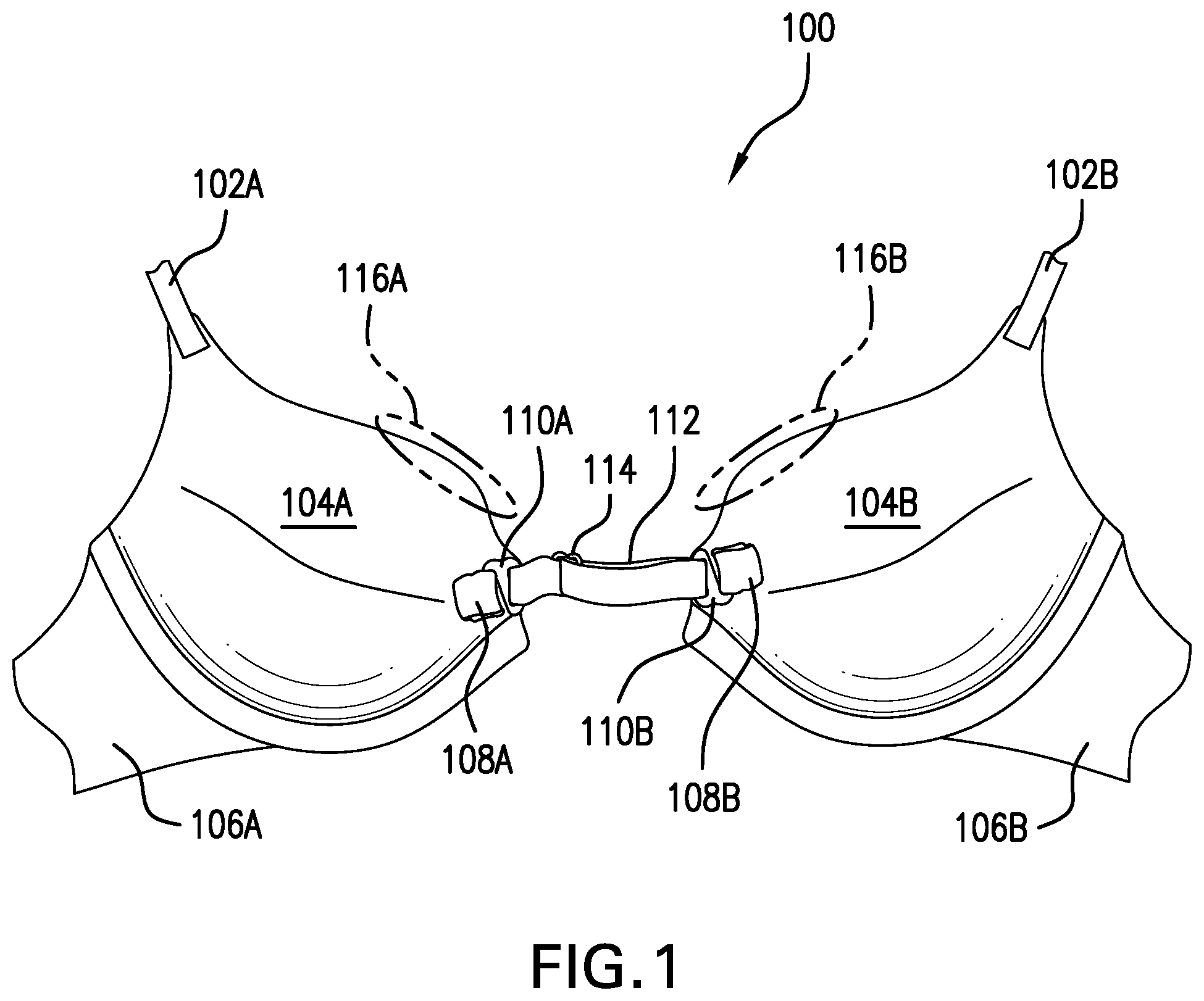 Patent US12302956 — Adjustable double padded bra having a fixation mechanism — Figure 1