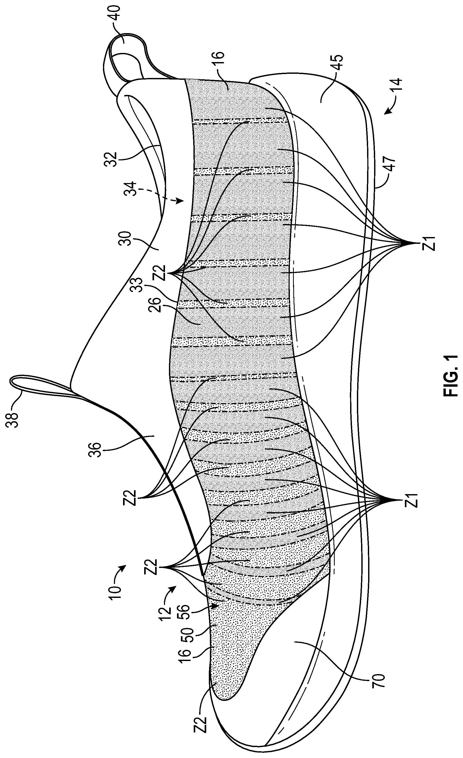 Patent US12302979 — Footwear upper having a unitary knit structure and method of manufacturing — Figure 1