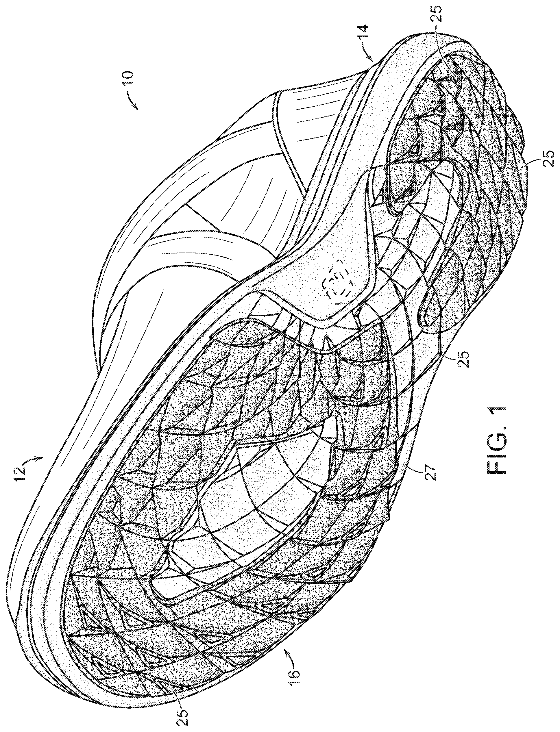 Patent US12302990 Figure 1 – Golf shoe having outsole with multi-surface traction zones