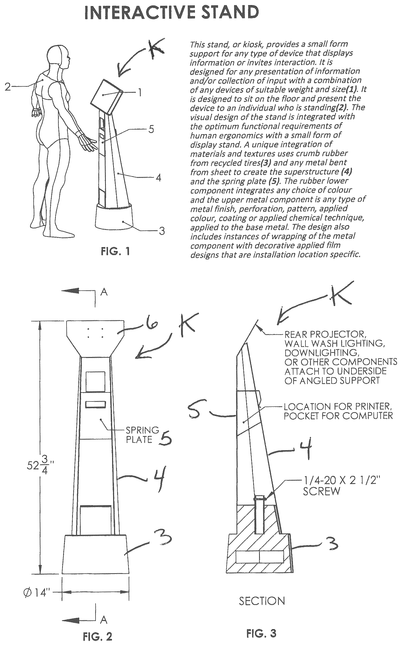 Patent US12303023 — Small form floor standing kiosk for interactive technology devices — Figure 1