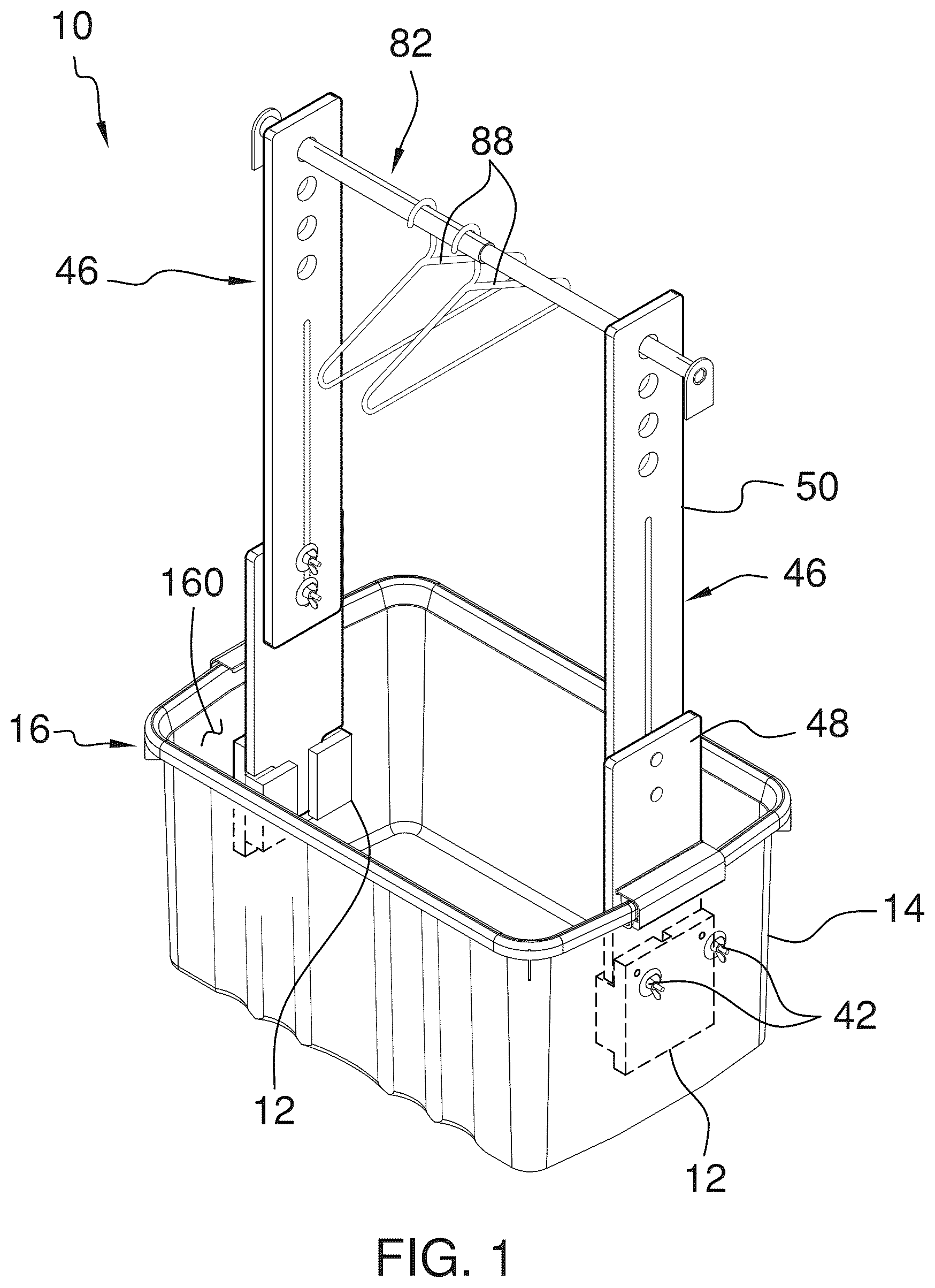 Patent US12303026 Figure 1 – Portable clothes hanging assembly