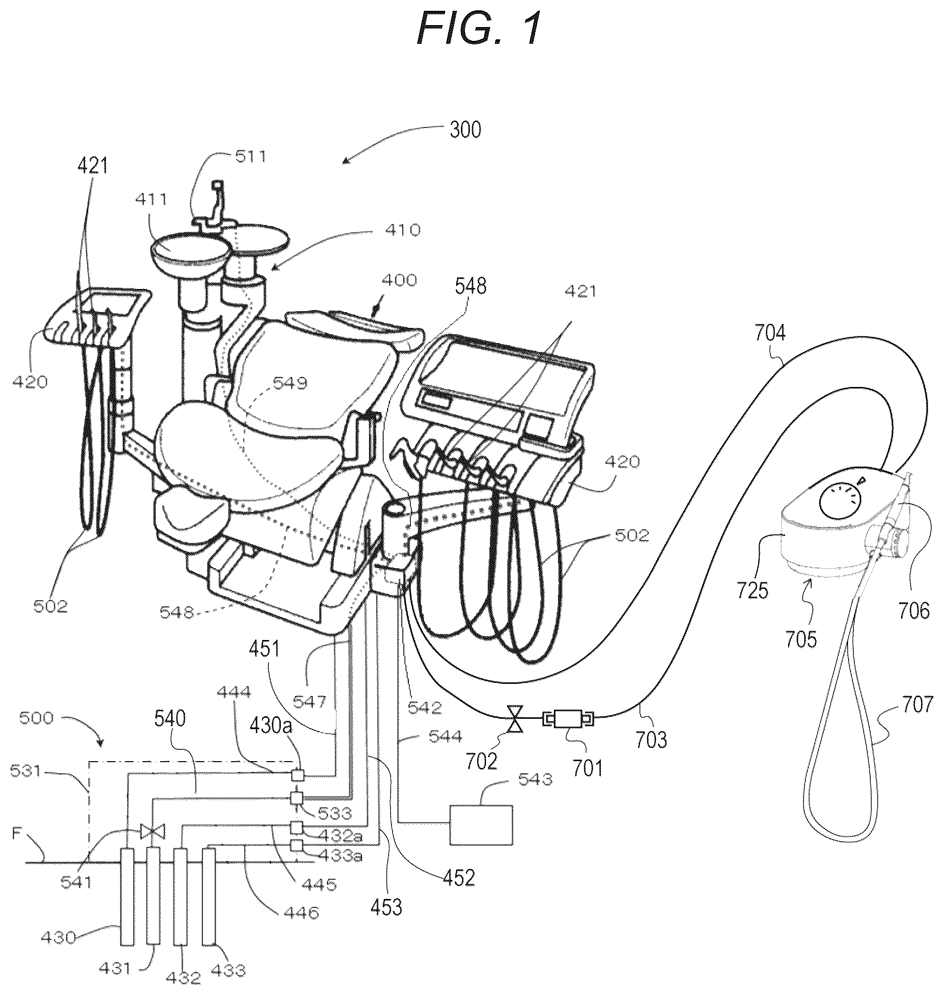 Patent US12303342 Figure 1 – Liquid processing nozzle for purifying liquid piping of dental device