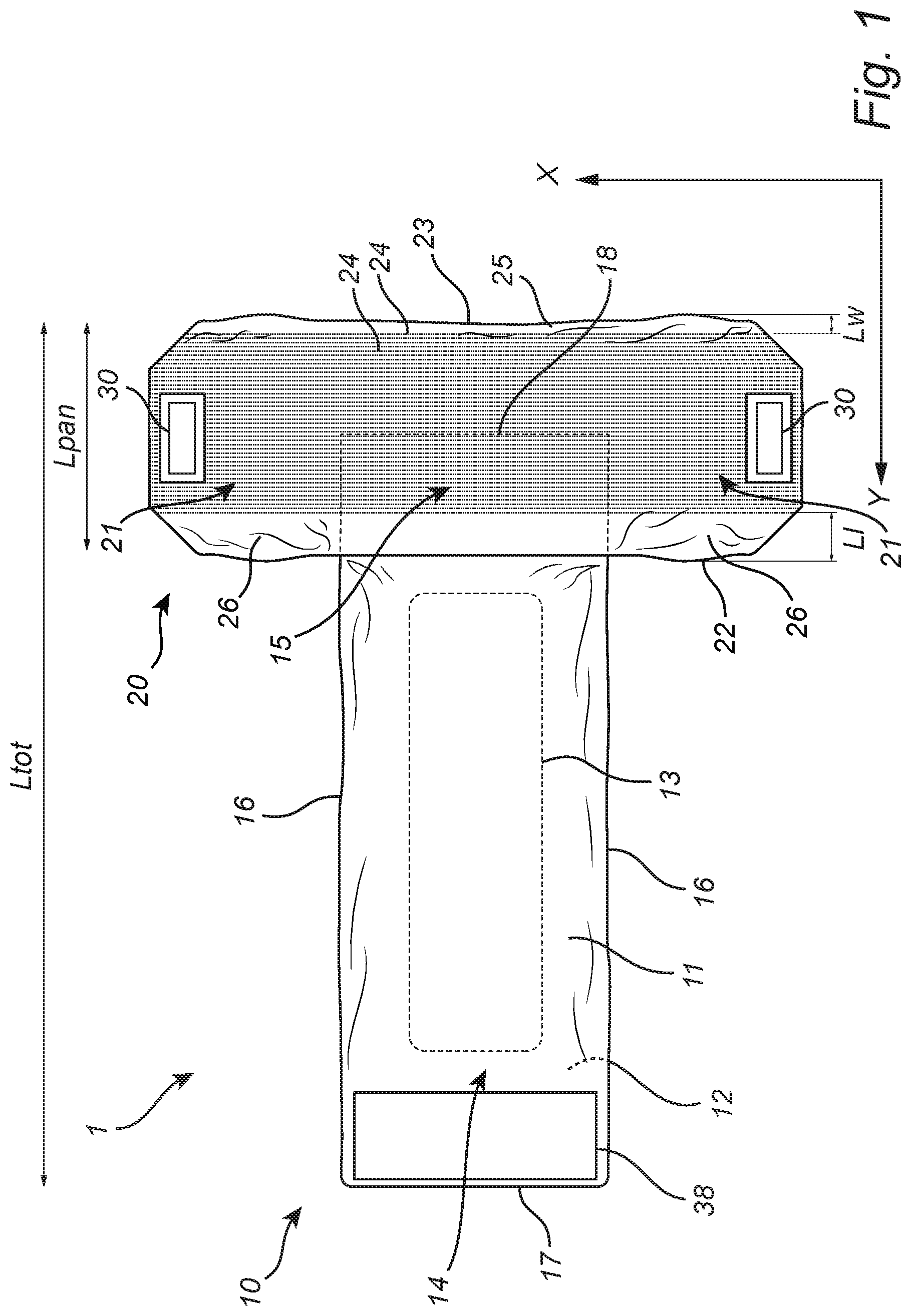 Patent US12303365 Figure 1 – Disposable absorbent hygiene article having a waist fringe region