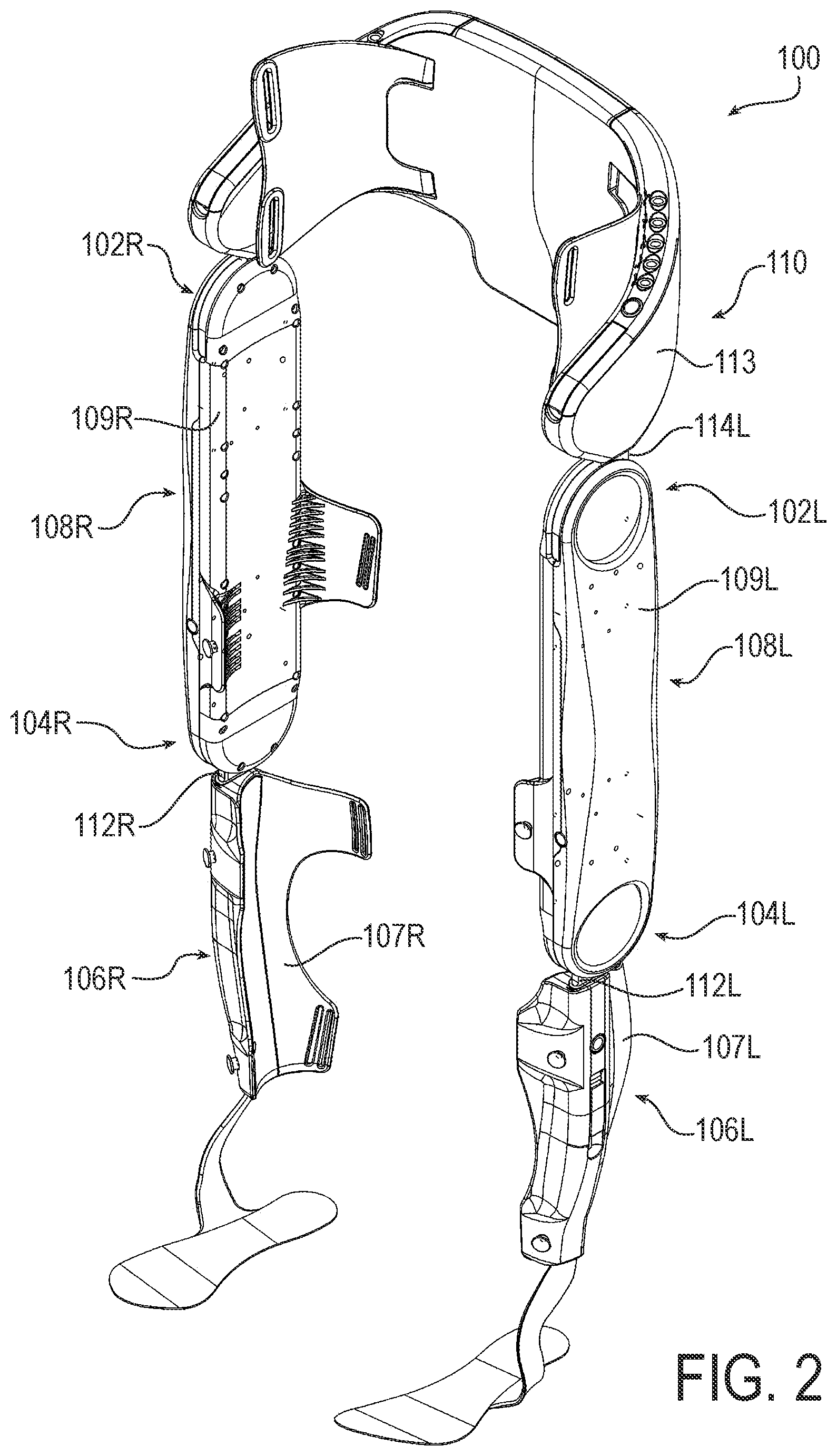 Patent US12303453 Figure 2 – Legged mobility exoskeleton device with enhanced adjustment mechanisms