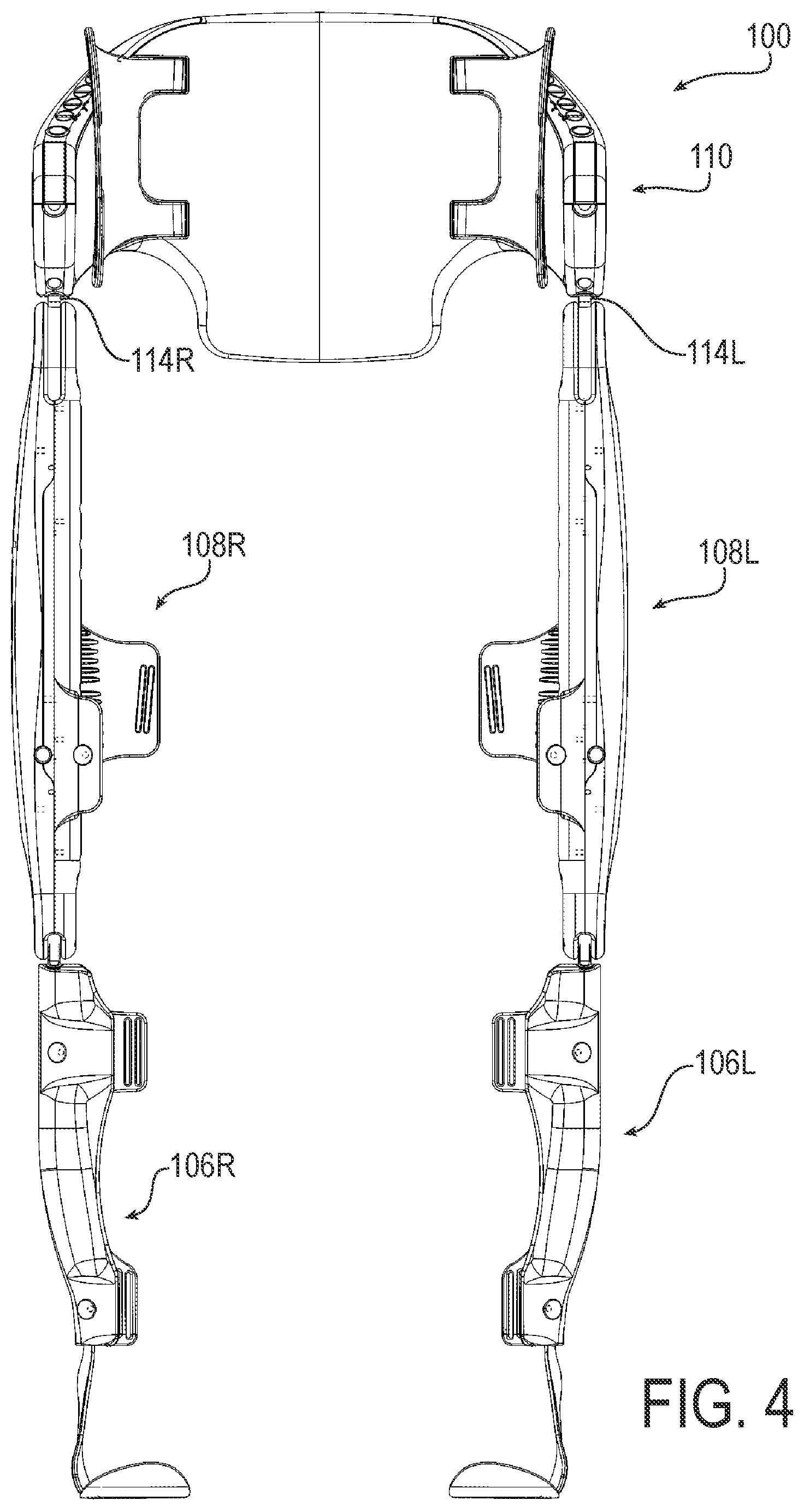 Patent US12303453 Figure 4 – Legged mobility exoskeleton device with enhanced adjustment mechanisms