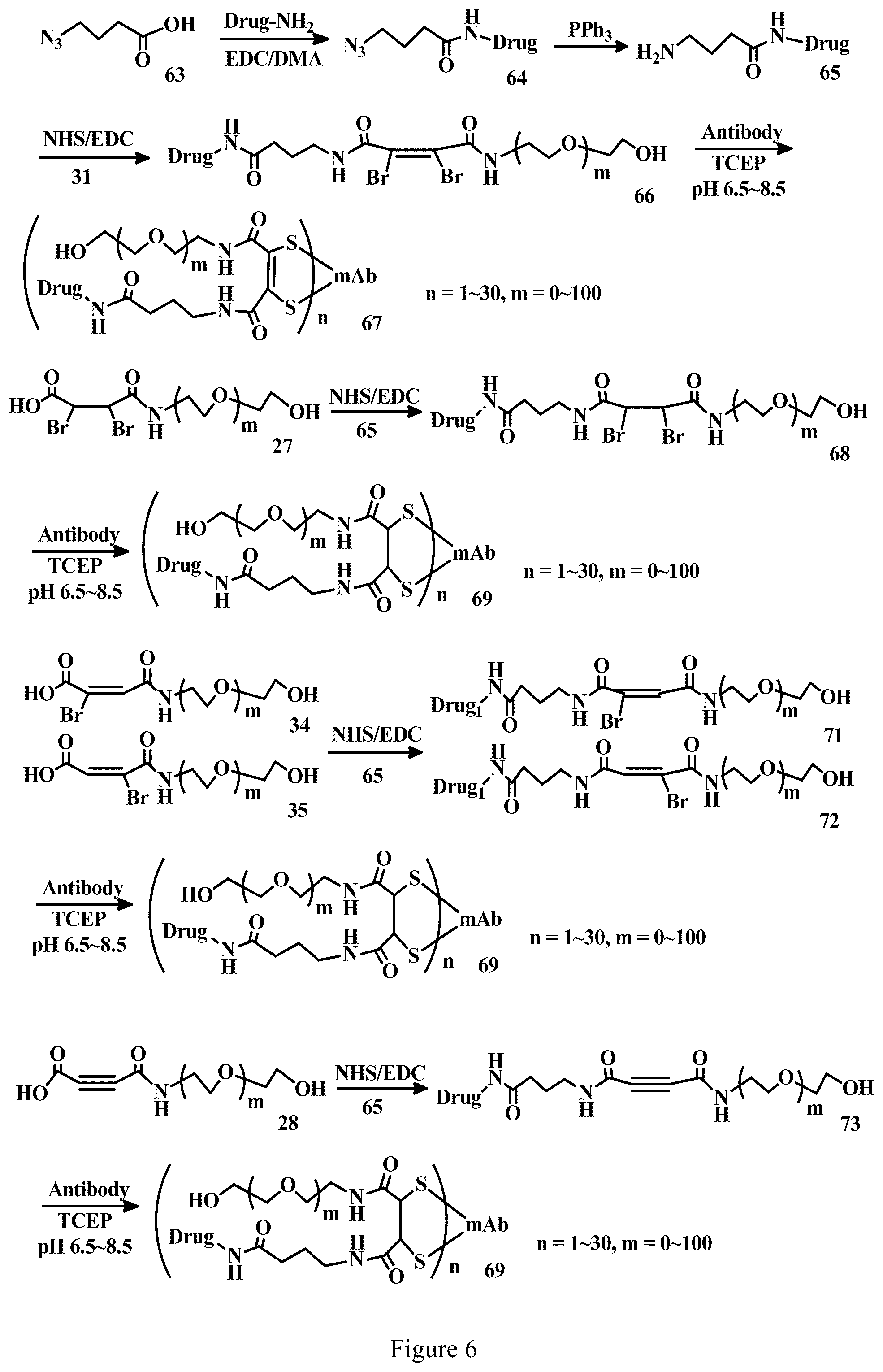 Patent US12303571 Figure 6 – Specific conjugation linkers, specific immunoconjugates thereof, methods of making and uses such conjugates thereof