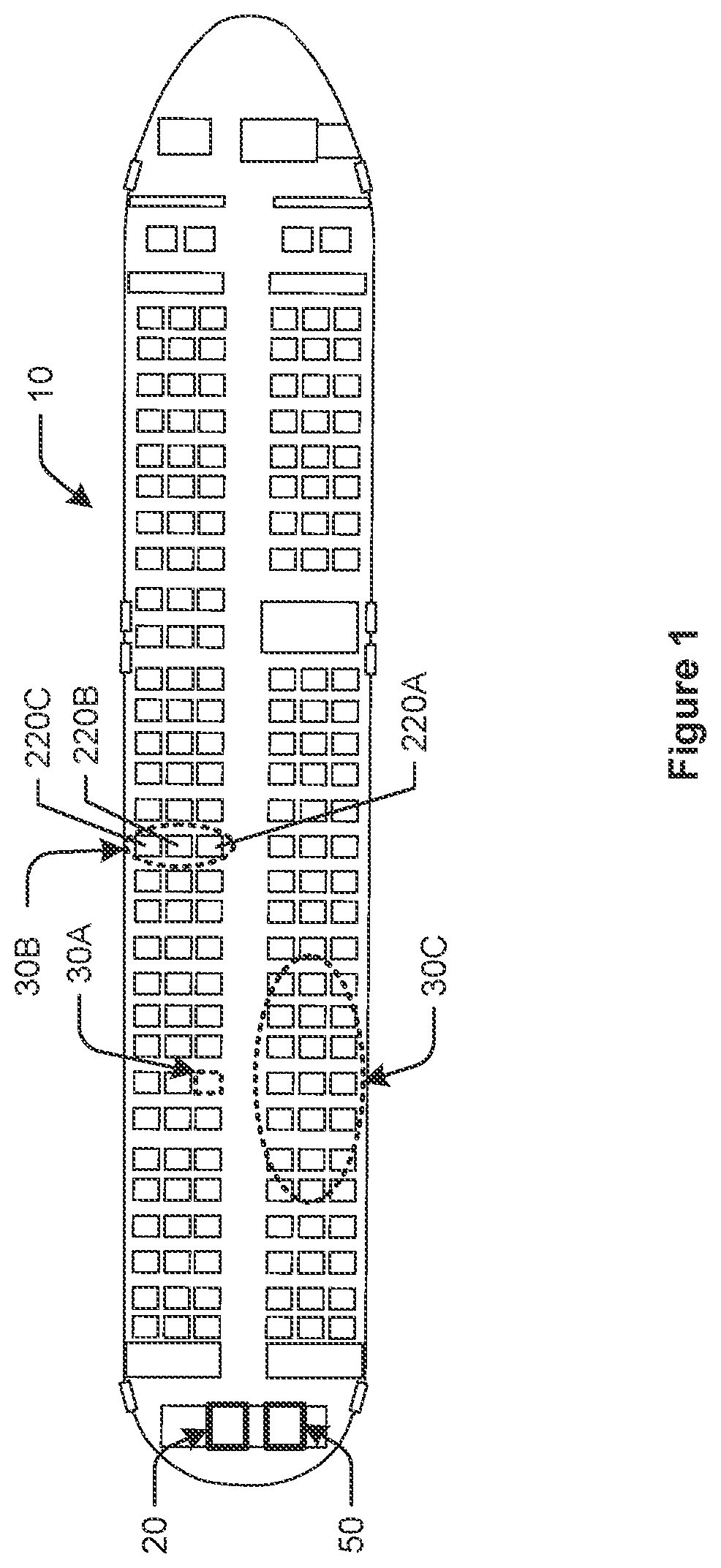 Patent US12303608 — Spaced apart sterilization lights in an aircraft cabin — Figure 1