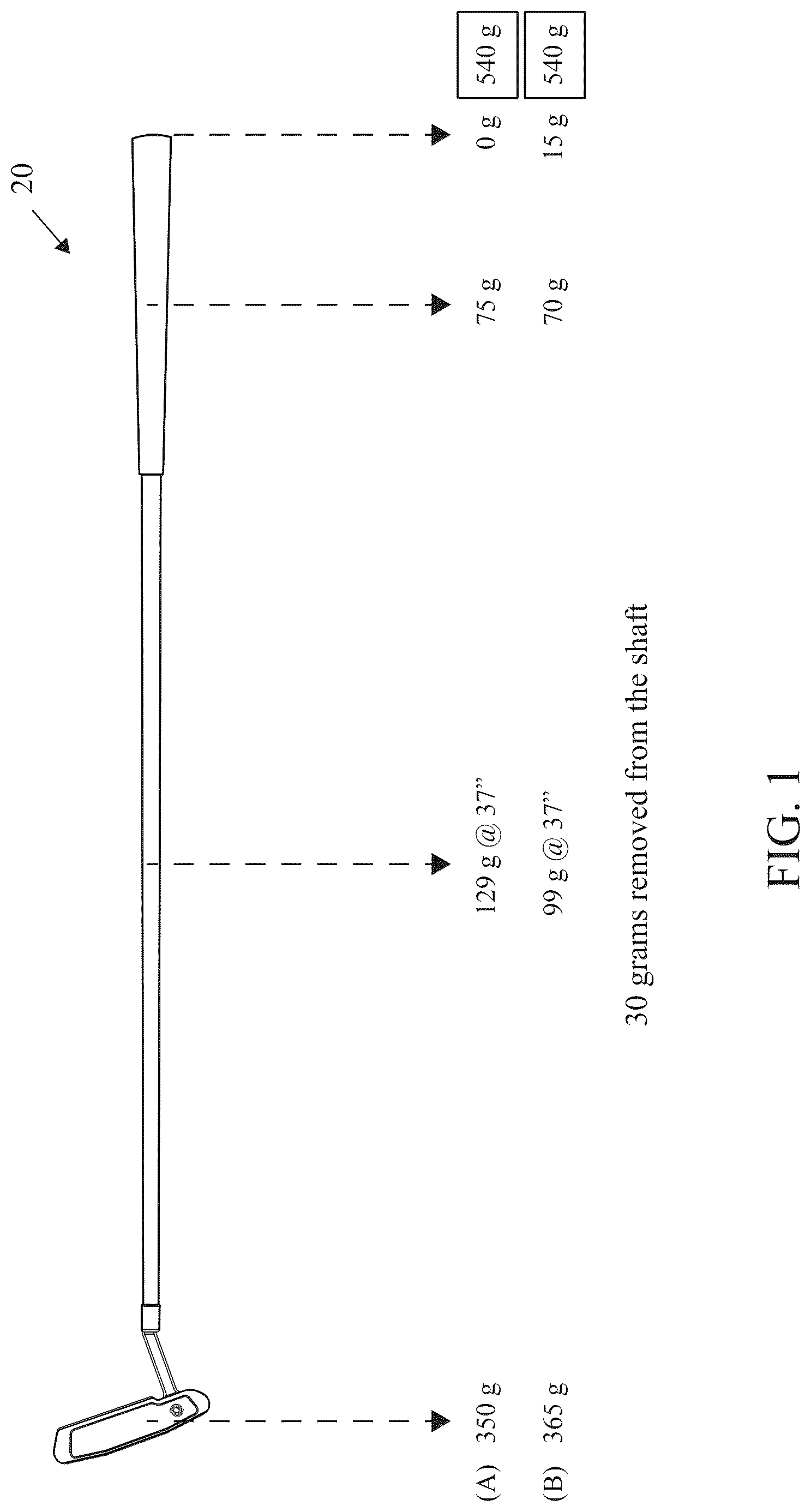 Patent US12303747 Figure 1 – Putter with bi-material shaft
