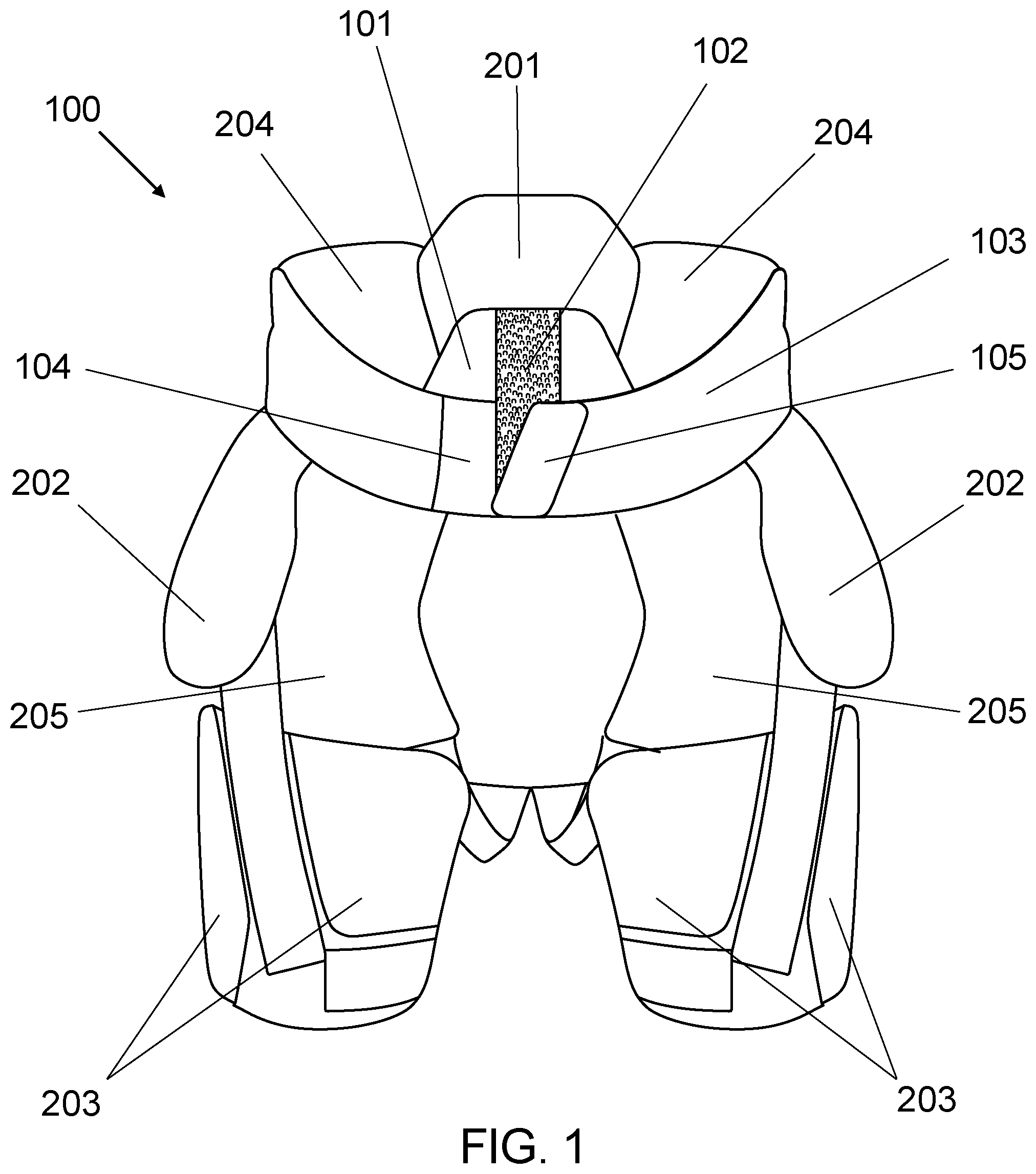 Patent US12303767 — Hockey pants with floating abdominal protection — Figure 1
