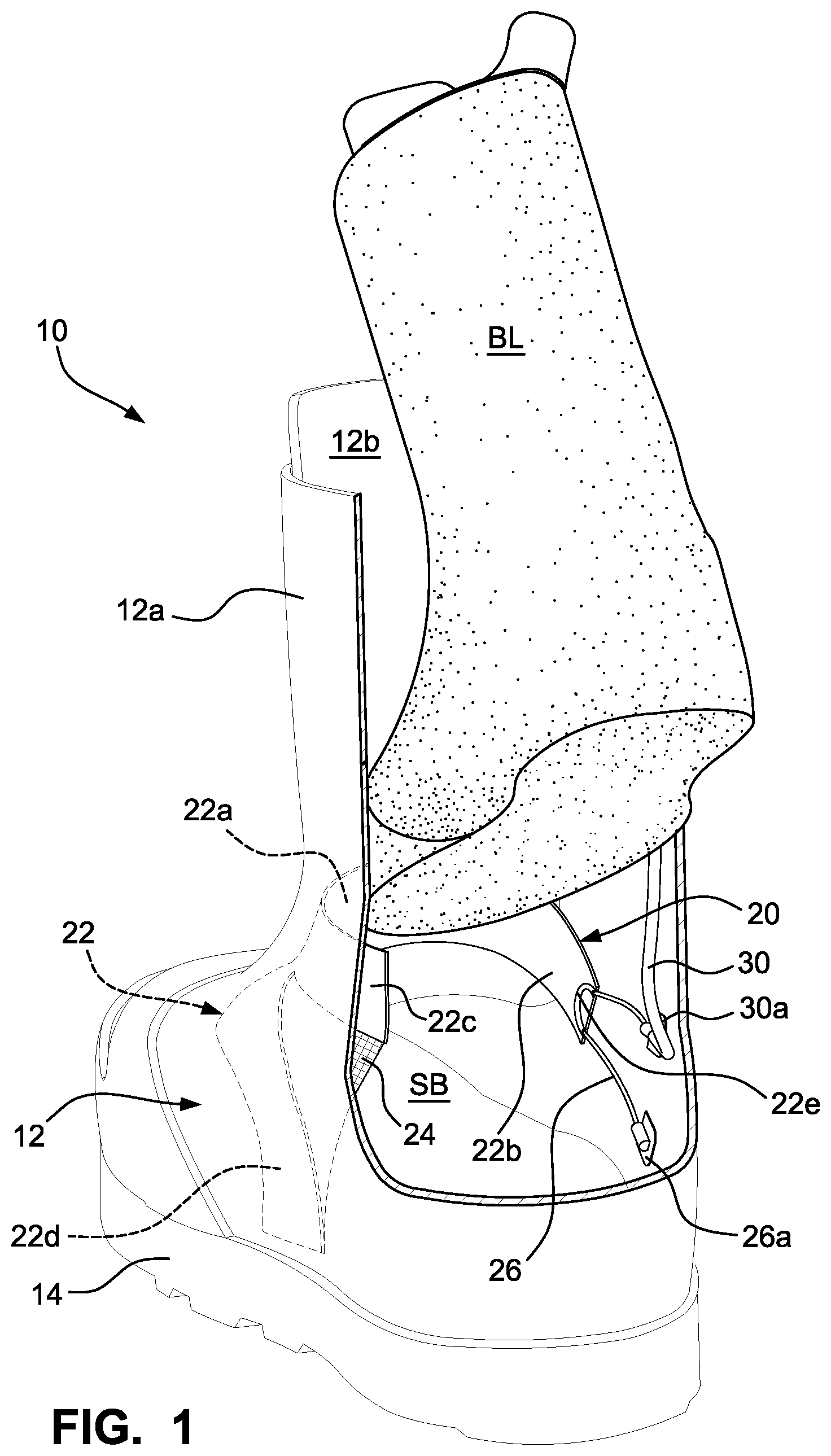 Patent US12303768 — Sports boot with integrated ankle compression system — Figure 1