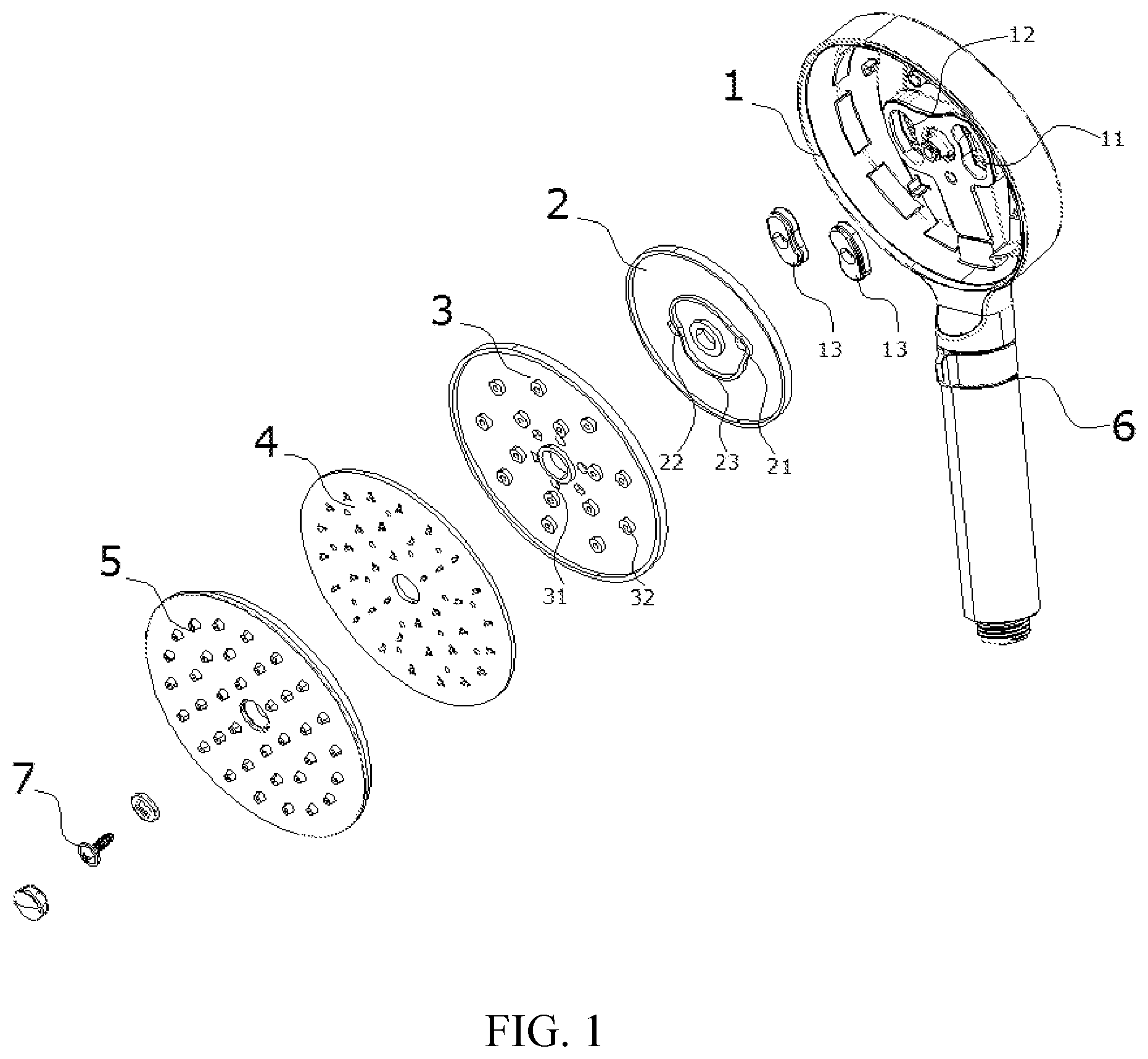 Patent US12303919 — Water outlet structure allowing a nozzle to generate different spray patterns and water outlet device using the same — Figure 1