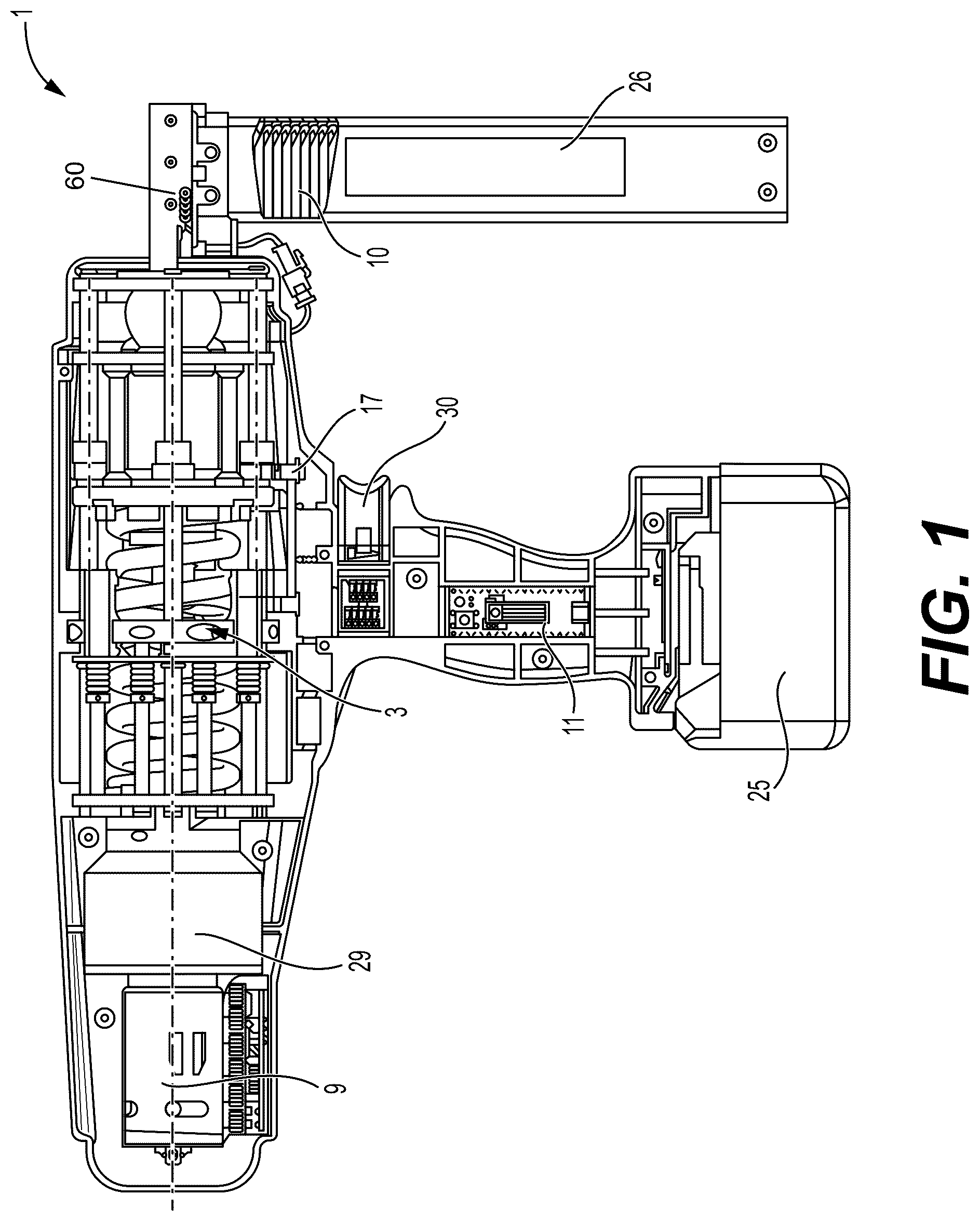 Patent US12304045 Figure 1 – Electrically-mechanically operated tool for driving fasteners