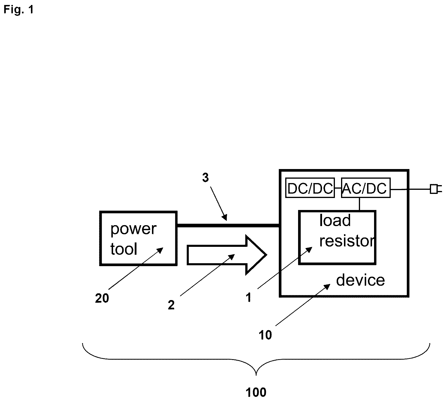 Patent US12304050 — Device for supplying a power tool with electrical energy, as well as the use of a load resistor for absorbing and/or converting electrical energy, system and operating method — Figure 1