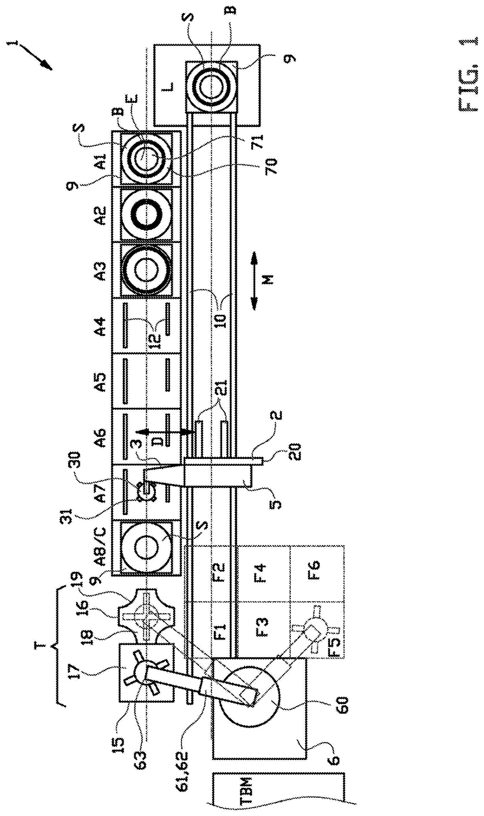 Patent US12304165 — Spacer gripper, bead-apex storage system and method for handling a plurality of stacks with bead-apexes and spacers — Figure 1