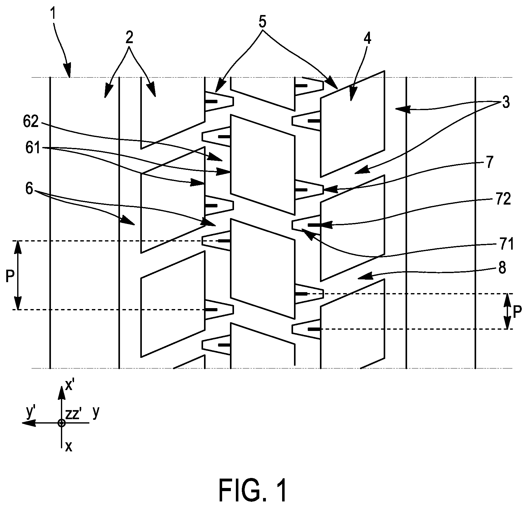 Patent US12304251 — Pneumatic tire tread for a heavy duty vehicle comprising stone-expelling and noise-preventing protuberances — Figure 1