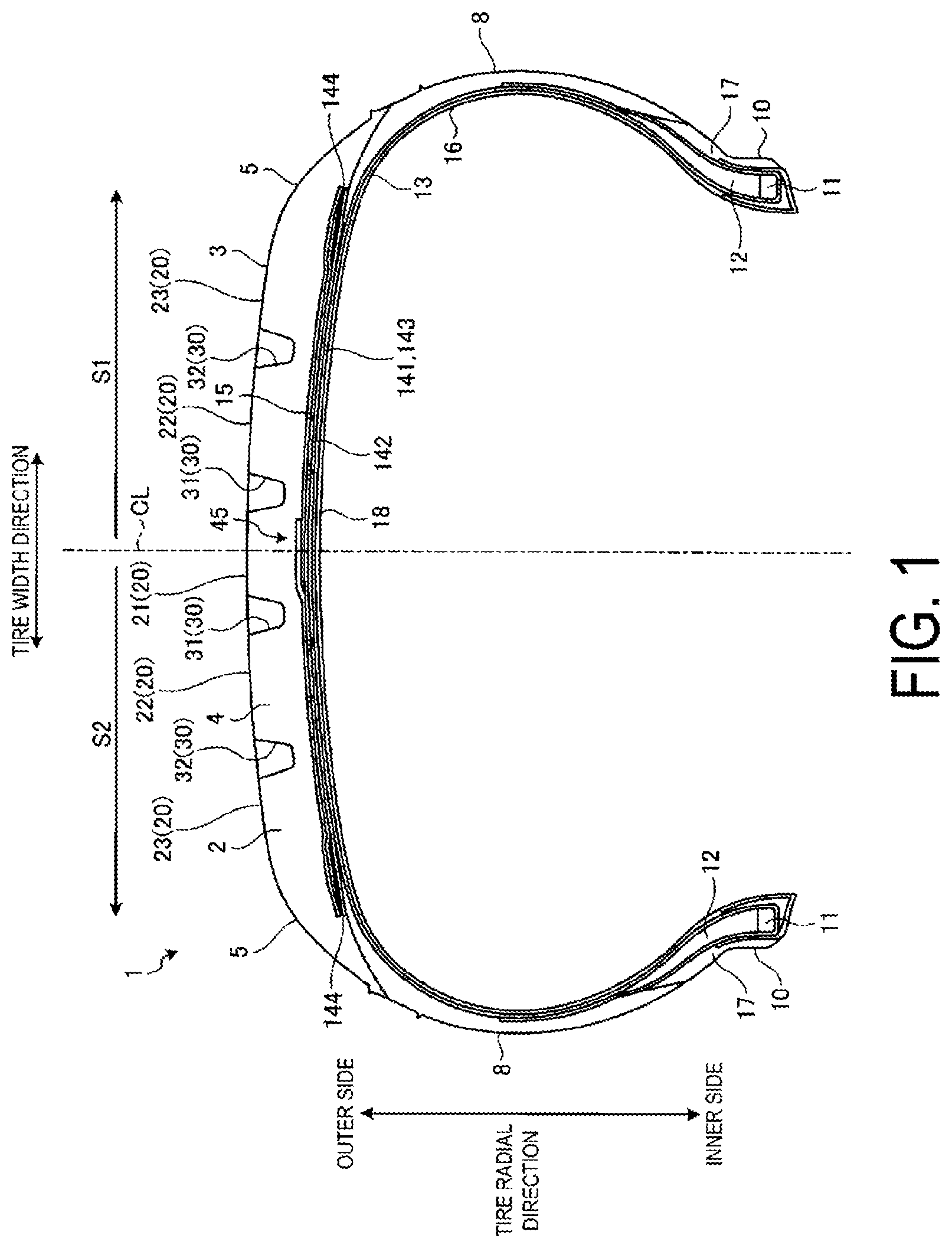 Patent US12304257 — Pneumatic tire and method for manufacturing pneumatic tire — Figure 1