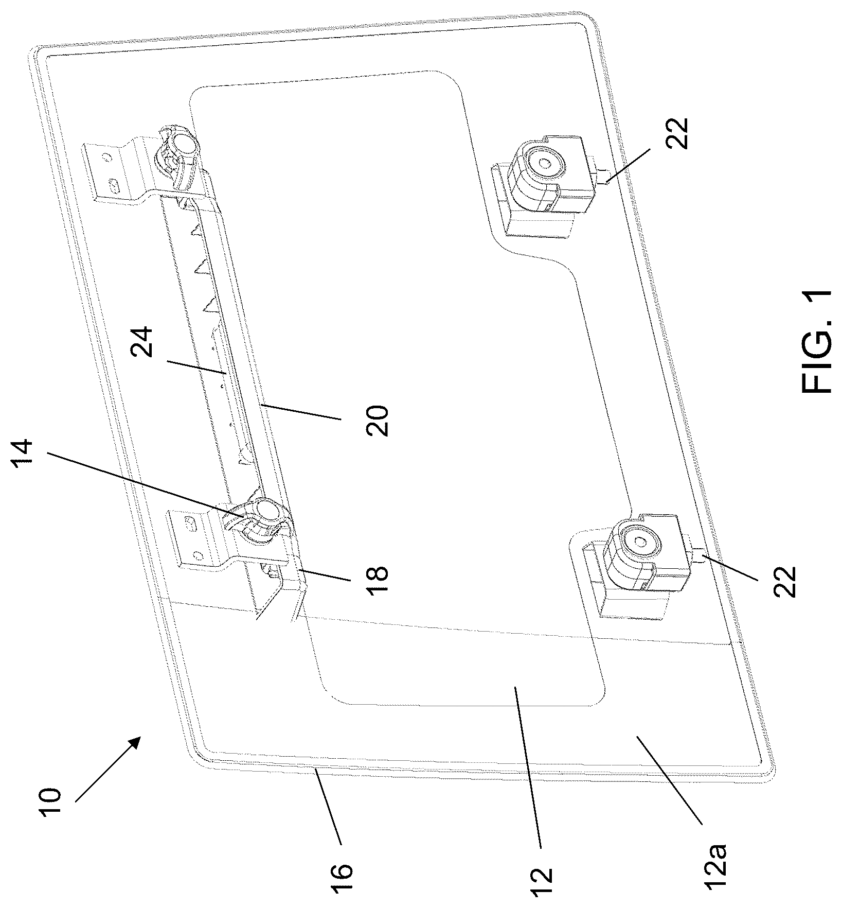 Patent US12304286 — Removable vehicular window panel with integrated latching element and carrying handle — Figure 1