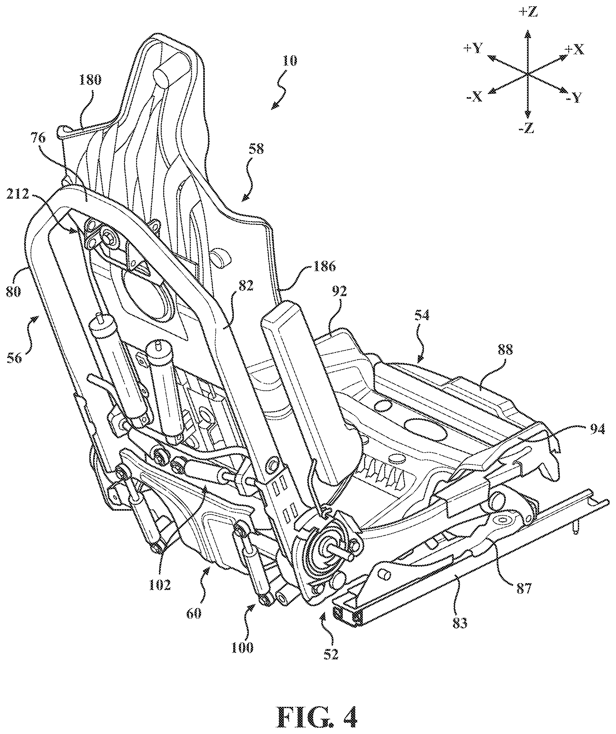 Patent US12304369 Figure 4 – Kinetic seat assemblies having dampers for fixed components and movable components including lateral damping mechanisms and fluid reservoirs
