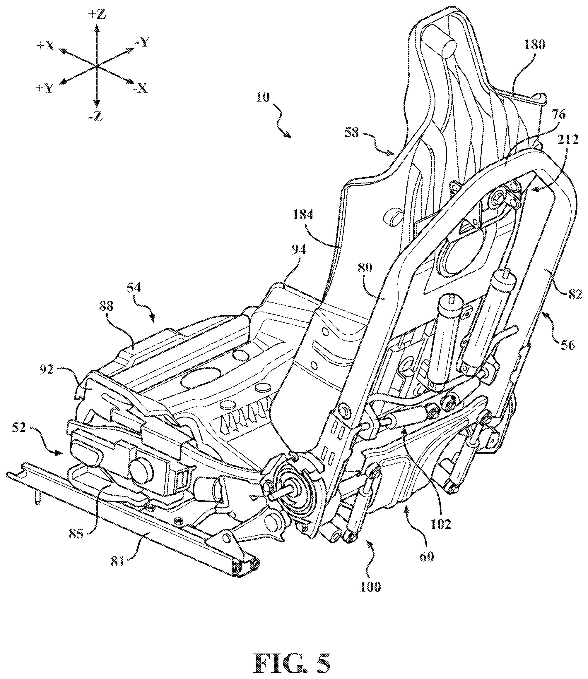 Patent US12304369 Figure 5 – Kinetic seat assemblies having dampers for fixed components and movable components including lateral damping mechanisms and fluid reservoirs