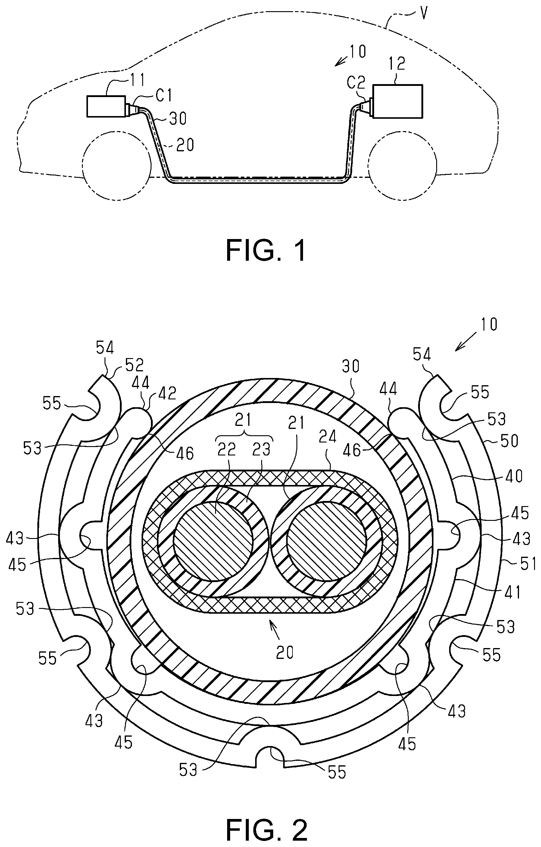 Patent US12304400 — Wire harness with first and second path restrictors and formed air layer — Figure 1