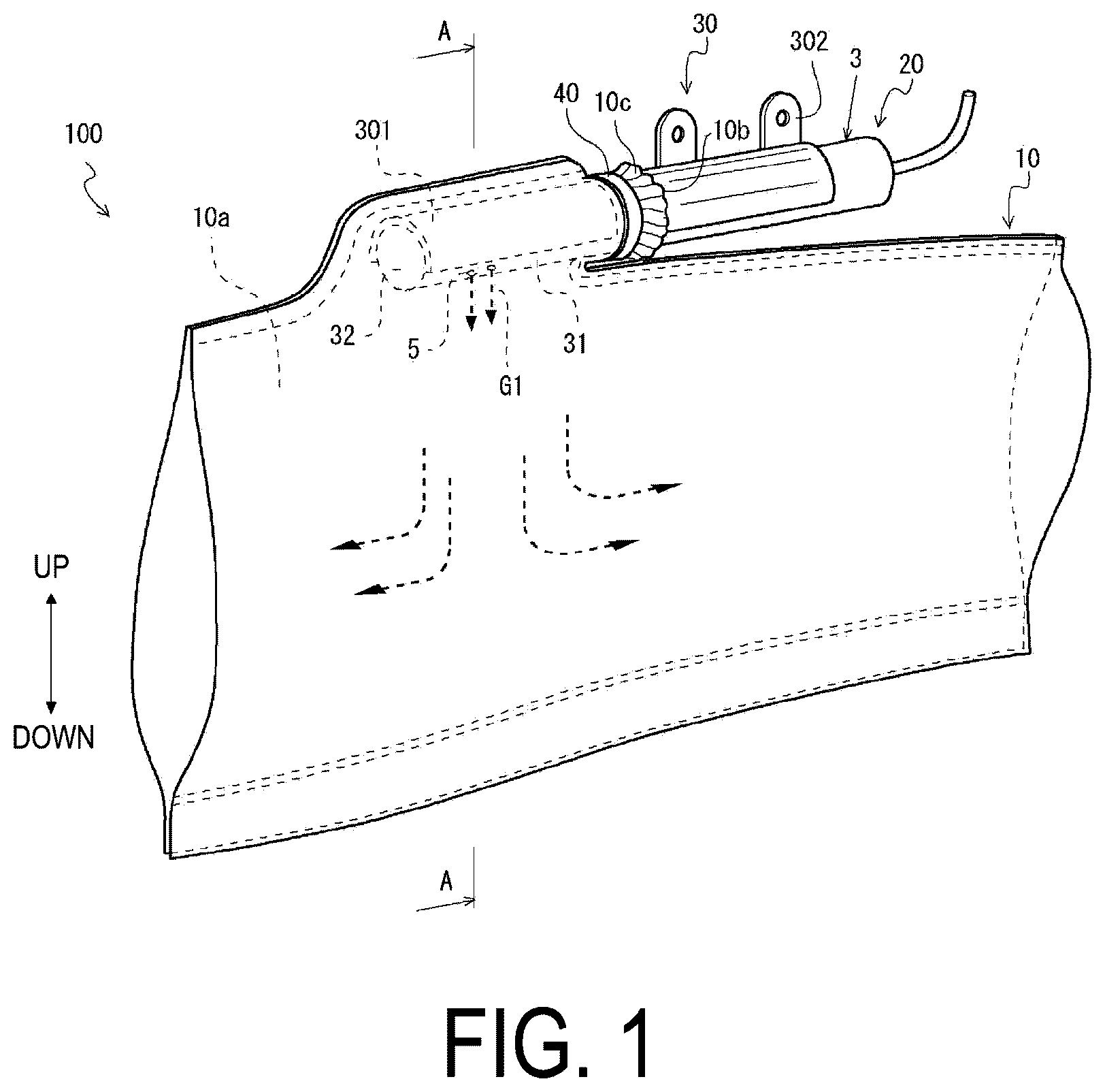 Patent US12304417 Figure 1 – Gas generator and airbag device