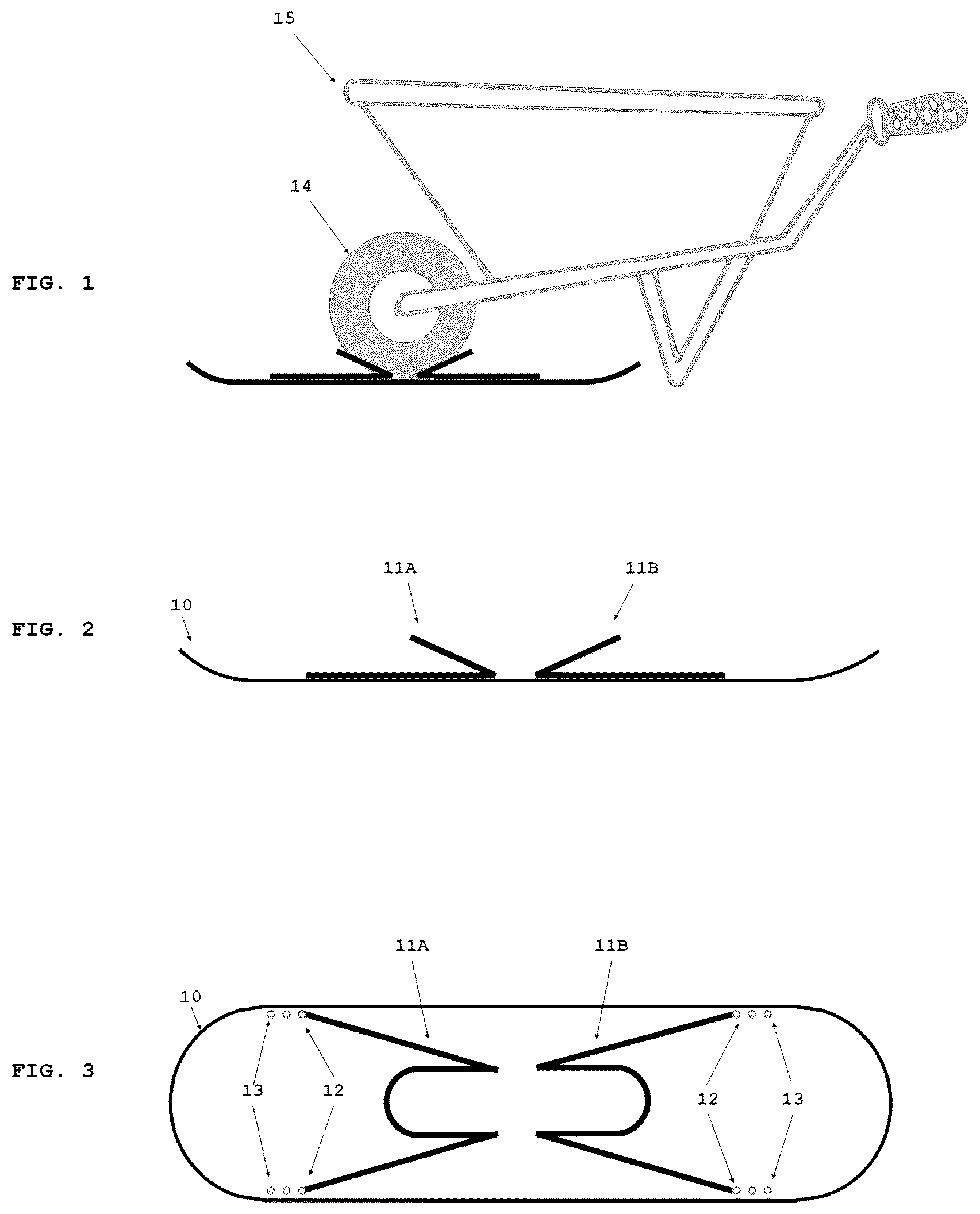 Patent US12304542 Figure 1 – Universal wheelbarrow snowboard attachment