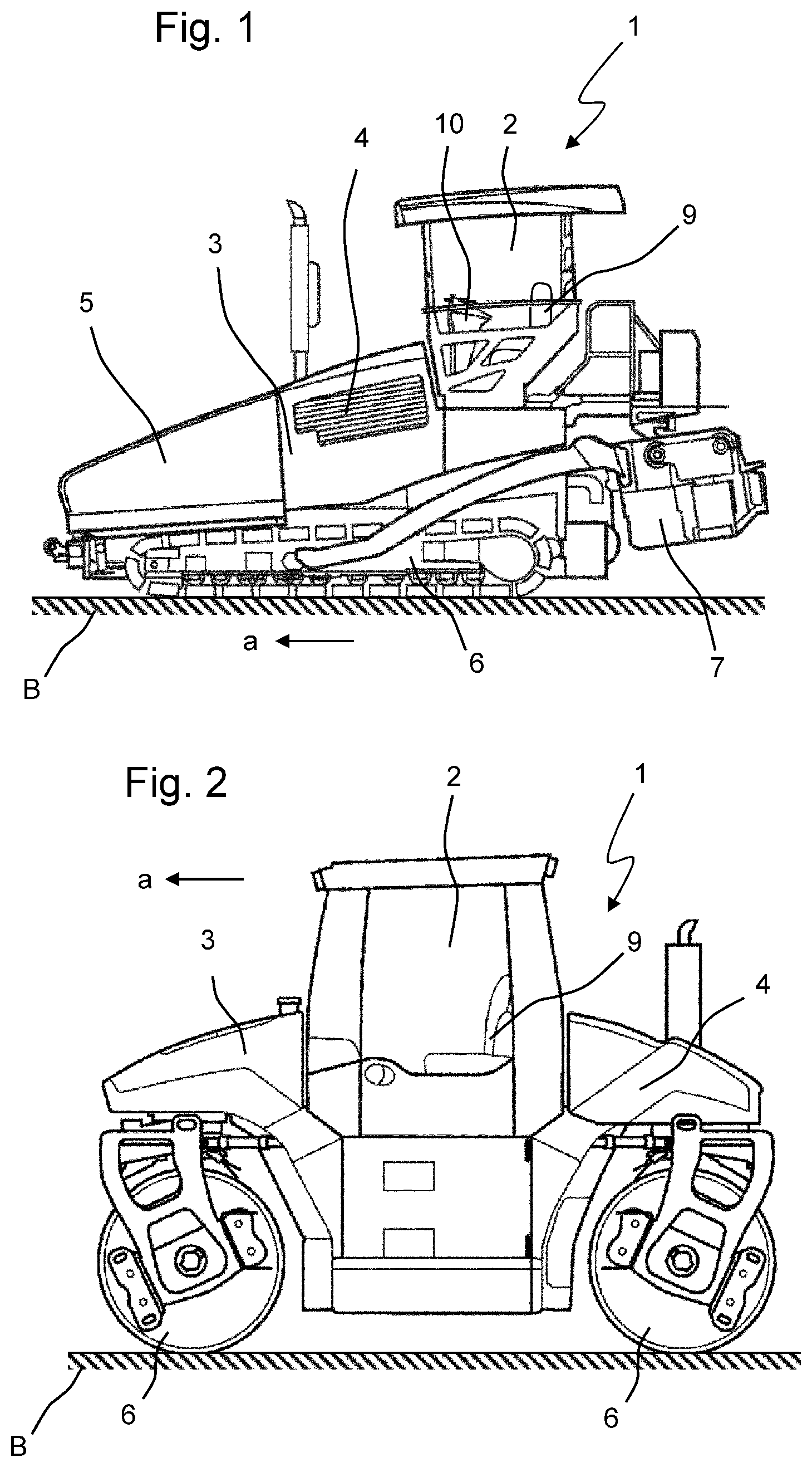 Patent US12304554 — Road construction machine, in particular road paver or tandem roller, for working a ground in a working direction — Figure 1