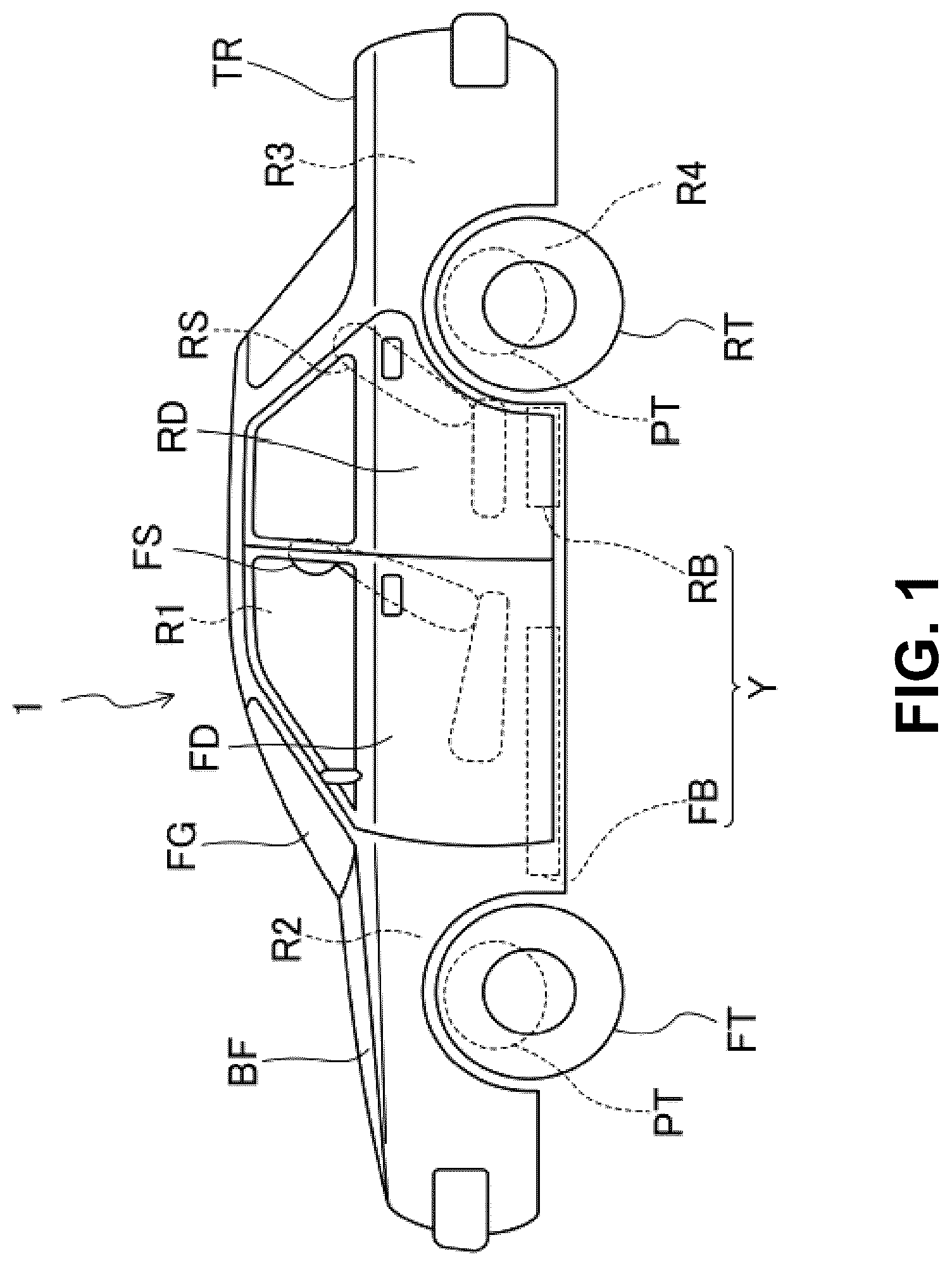 Patent US12304569 — Electric-vehicle-body structure having a center frame that is higher than a floor panel — Figure 1